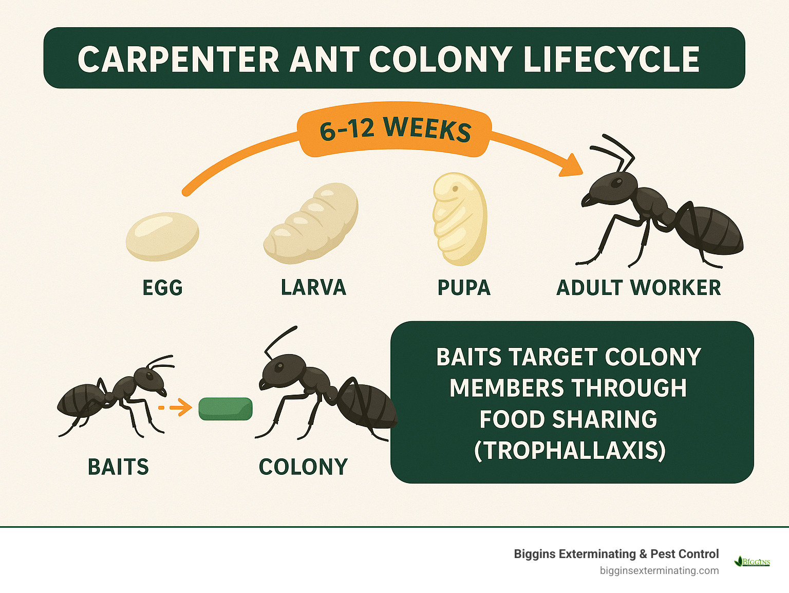Infographic showing carpenter ant colony lifecycle from egg stage through larva, pupa, to adult workers, with timeline showing 6-12 weeks development and indication of how baits target different colony members through food sharing behavior called trophallaxis - carpenter ant baits infographic 
