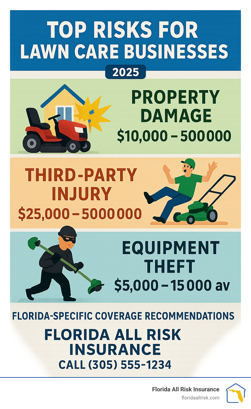 Infographic showing the top 3 risks for lawn care businesses: property damage from equipment accidents with potential costs of $10,000-$50,000, third-party injury claims ranging from $25,000-$500,000, and equipment theft averaging $5,000-$15,000 per incident, along with Florida-specific coverage recommendations and contact information for Florida All Risk Insurance - lawn care business liability insurance infographic 