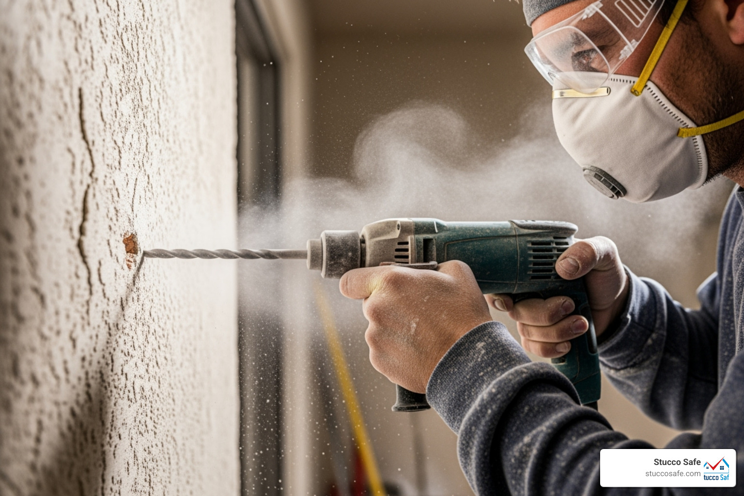 Person wearing safety glasses and a dust mask while drilling into a stucco wall - what drill bits can i use for stucco