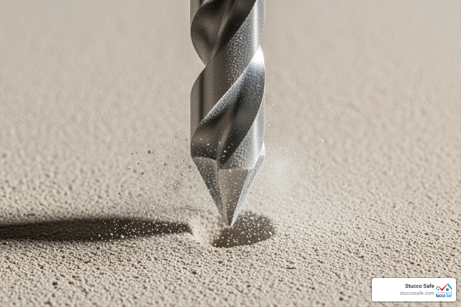 Close-up of a carbide-tipped masonry bit drilling into a stucco sample - what drill bits can i use for stucco