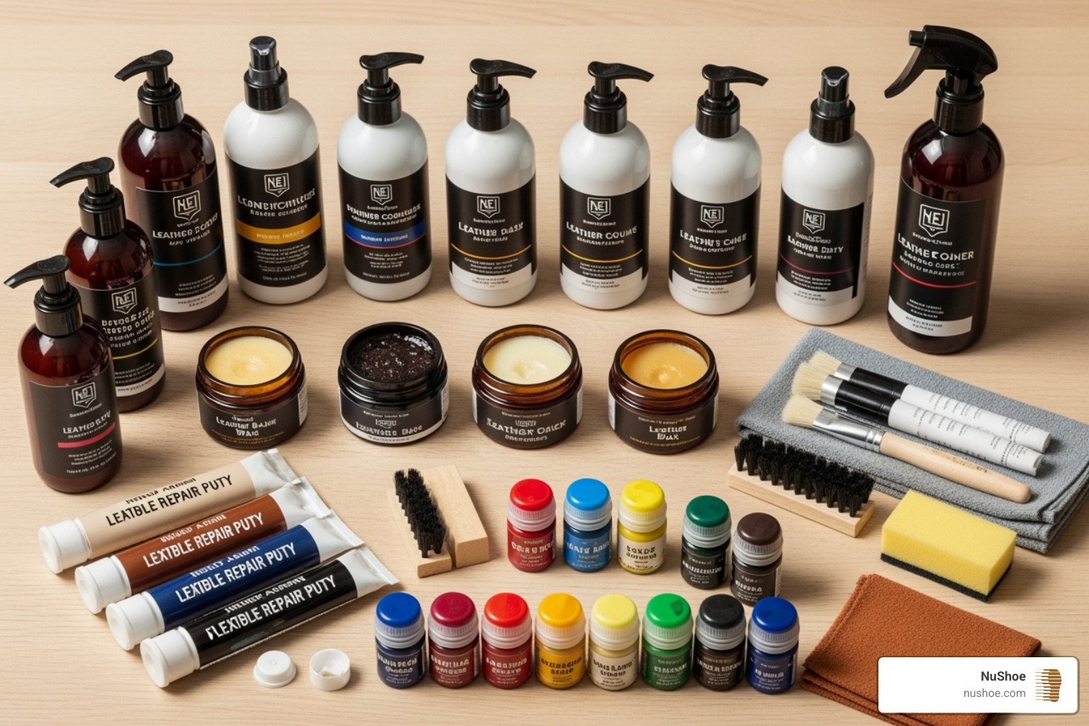 An assortment of different leather conditioners and fillers - cracked leather repair