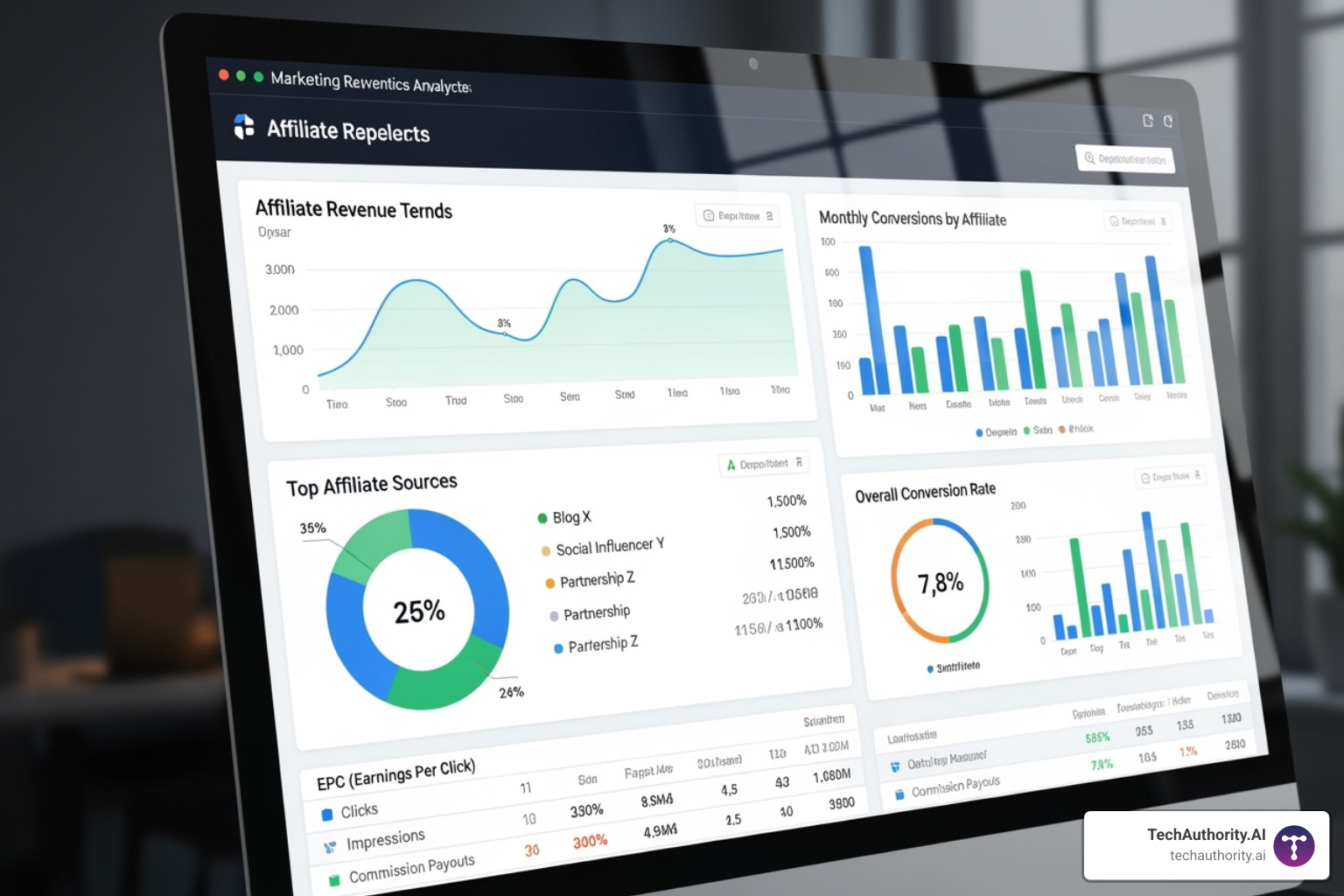 marketing analytics dashboard showing affiliate performance - affiliate marketing for brands