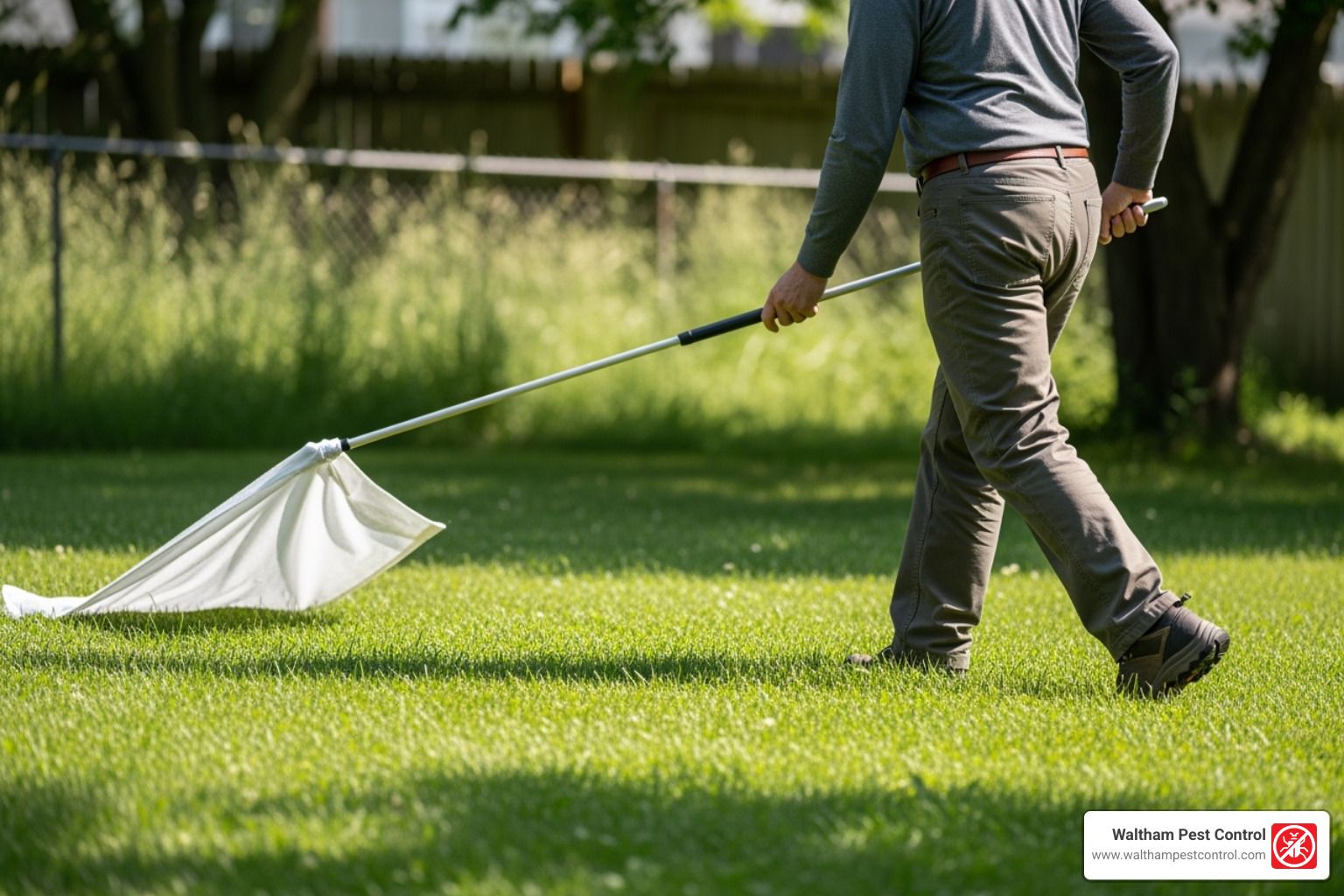 demonstrating how to perform a tick drag with a white cloth - tick control for yards