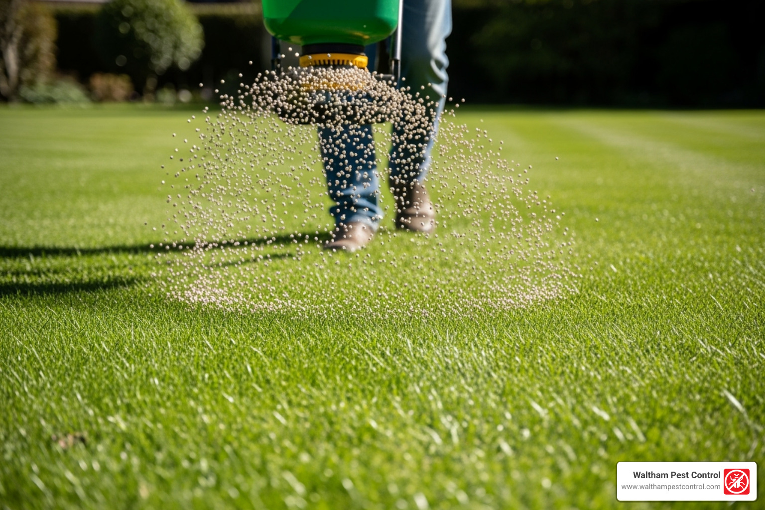 granular pellets being spread on a lawn - tick control for yards