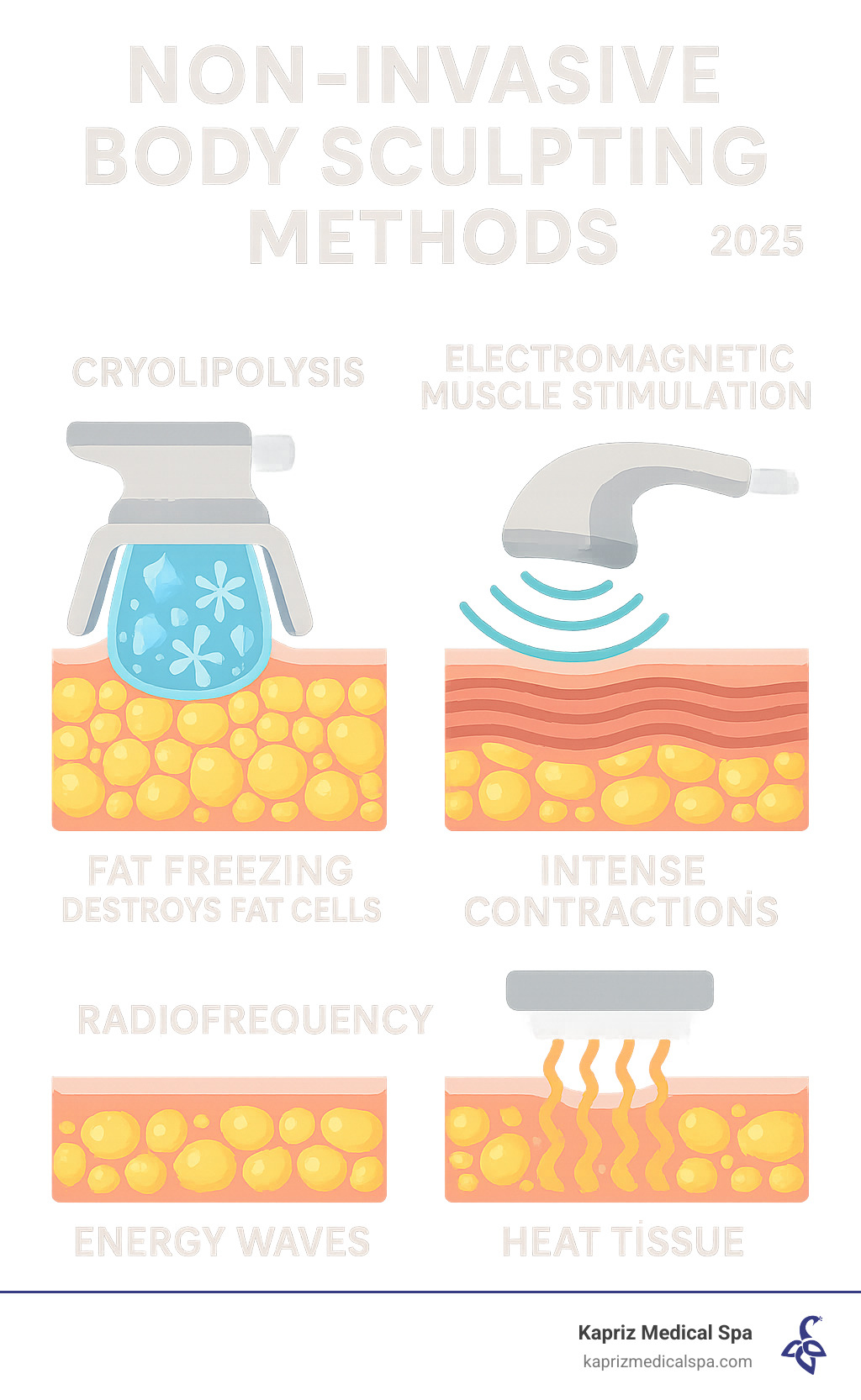 Infographic showing the three main non-invasive body sculpting methods: cryolipolysis fat freezing process with ice crystals destroying fat cells, electromagnetic muscle stimulation showing intense contractions, and radiofrequency energy waves heating tissue for skin tightening and fat reduction - non invasive body sculpting near me infographic Infographic showing the three main non-invasive body sculpting methods: cryolipolysis fat freezing process with ice crystals destroying fat cells, electromagnetic muscle stimulation showing intense contractions, and radiofrequency energy waves heating tissue for skin tightening and fat reduction - non invasive body sculpting near me infographic