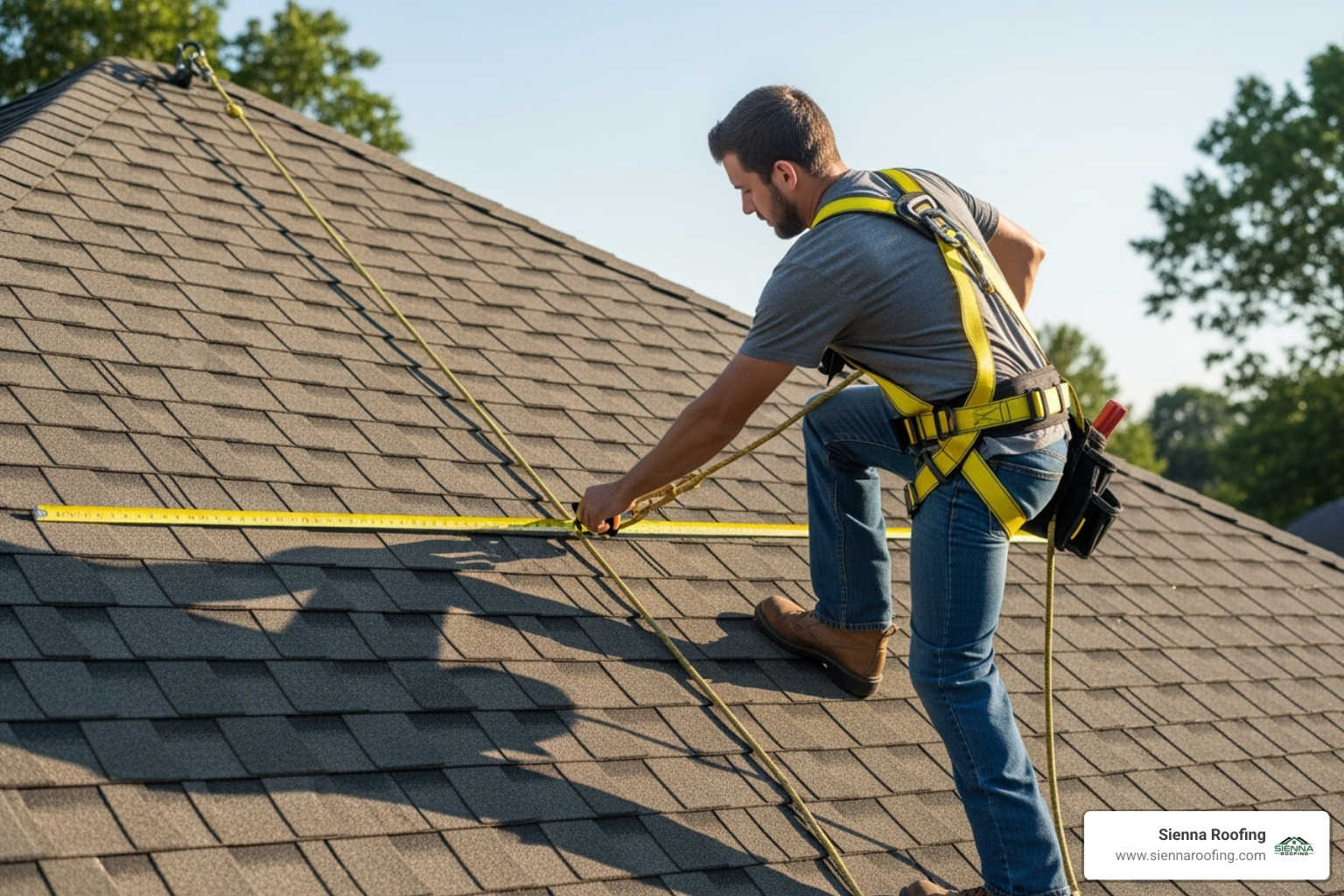 A roofer, wearing an OSHA-compliant safety harness, is measuring a roof with a tape measure, demonstrating the initial step in calculating roof size for an estimate. - roof estimate cost