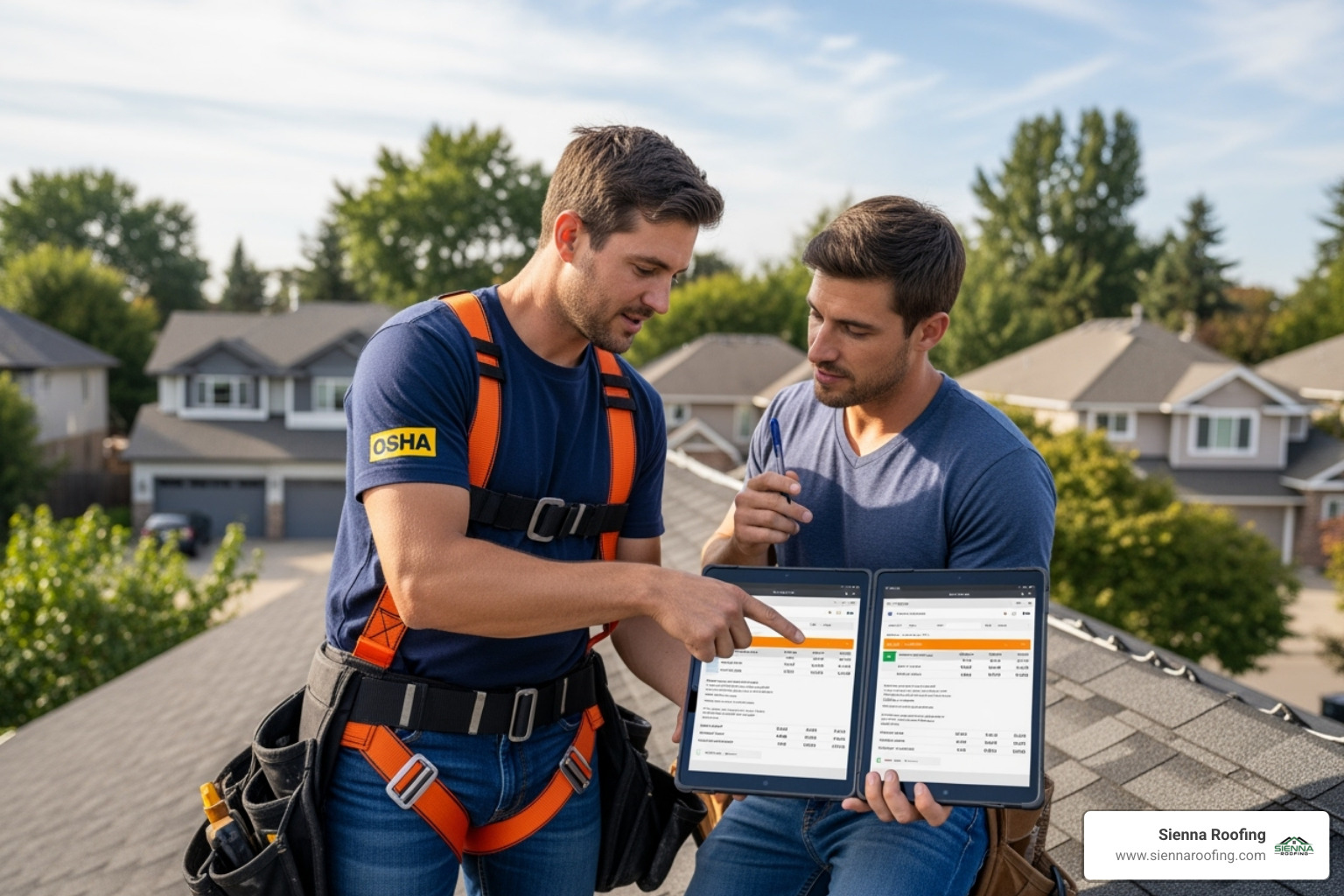 A homeowner and a roofing contractor, wearing an OSHA-compliant safety harness, reviewing two different roofing estimates on a tablet, emphasizing the importance of comparing quotes. - roof estimate cost