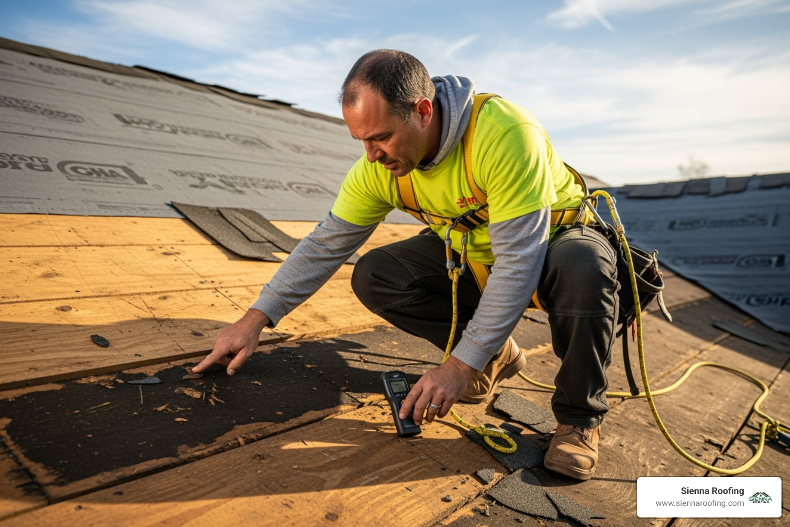 A professional roofer, wearing an OSHA-compliant safety harness, is inspecting roof decking for water damage, highlighting the importance of checking underlying structures during a roof replacement. - roof estimate cost