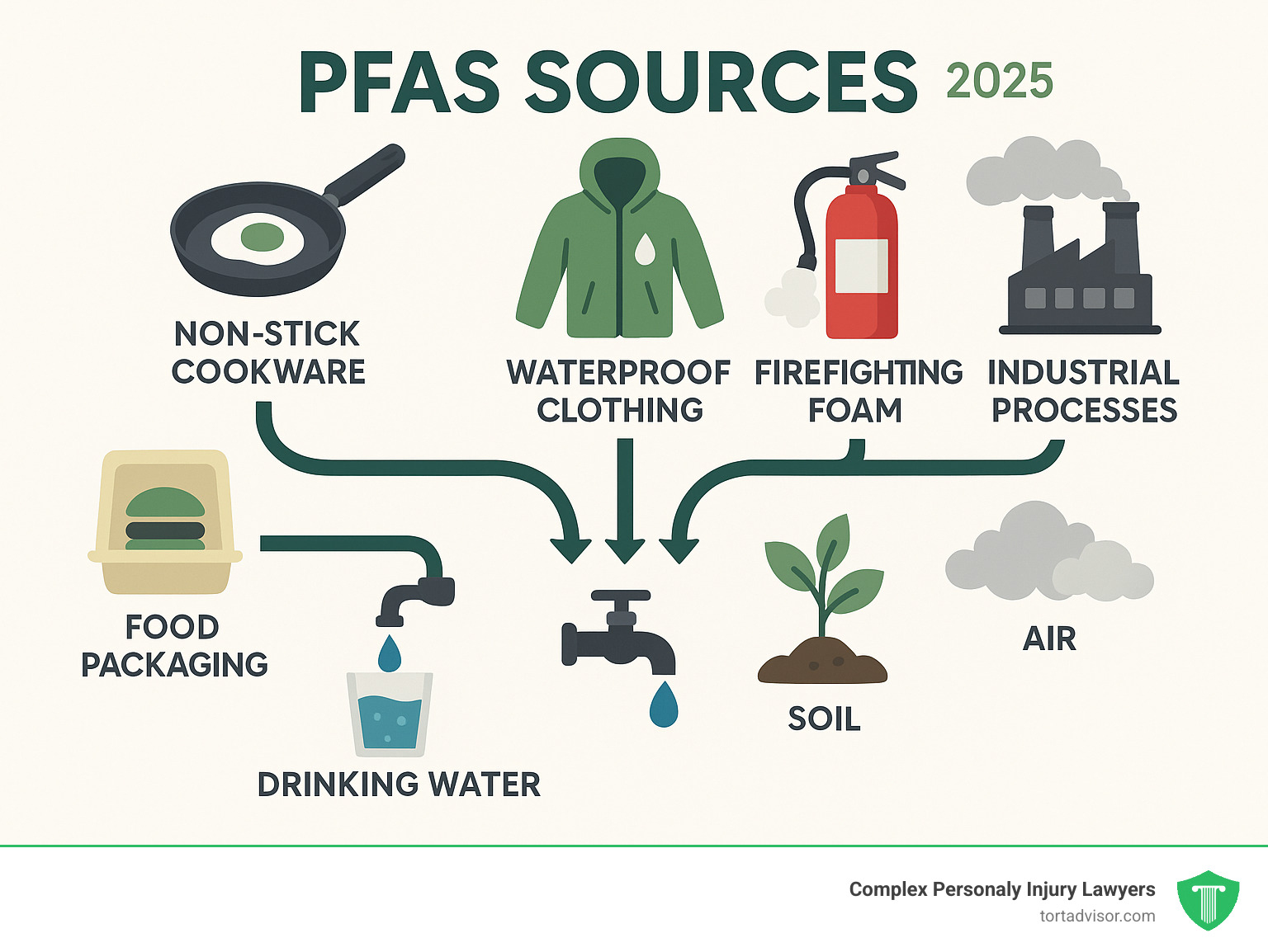 Infographic showing PFAS sources including non-stick cookware, waterproof clothing, firefighting foam, food packaging, and industrial processes, with arrows indicating environmental contamination pathways to drinking water, soil, and air - pfas lawsuit update today infographic 