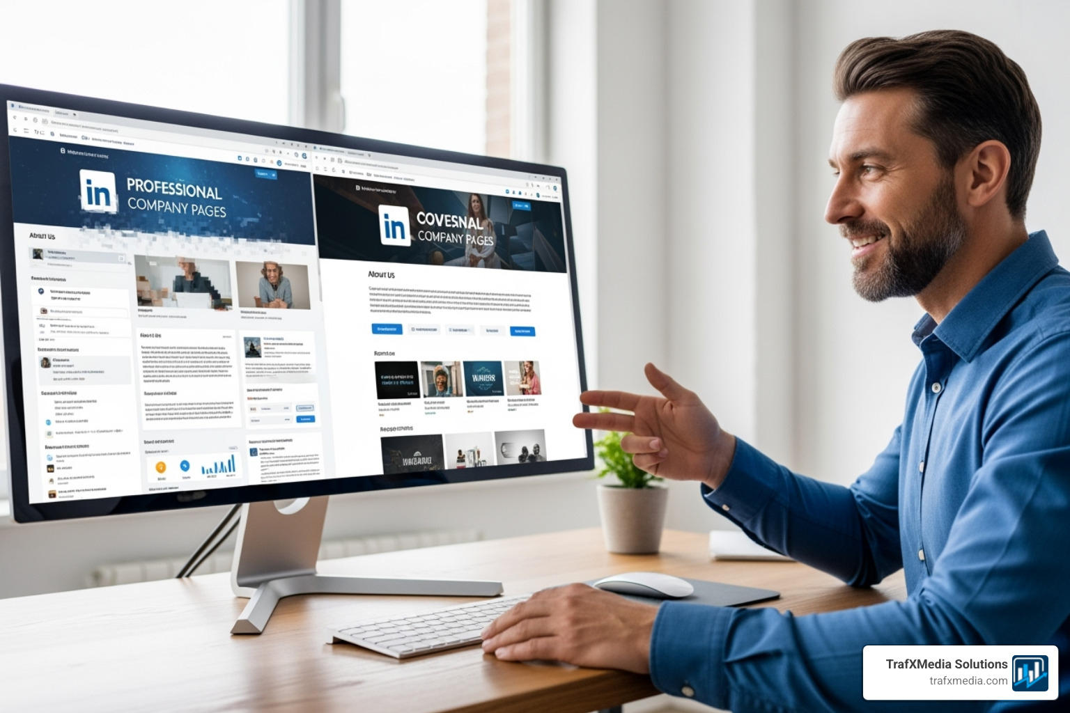 Side-by-side comparison of a poorly optimized vs. a well-optimized LinkedIn Company Page, with the well-optimized side highlighted, featuring a Caucasian male business owner looking pleased - Small business LinkedIn