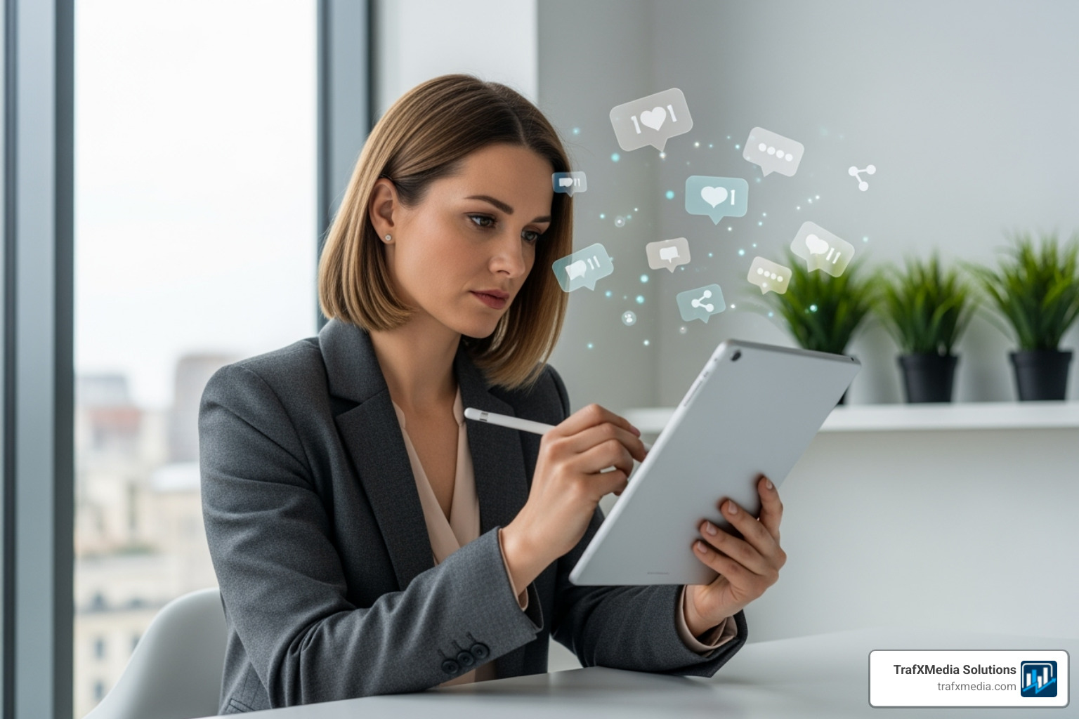 Caucasian female professional thoughtfully writing a post on a tablet, with engagement icons floating around her, in a modern office setting - Small business LinkedIn