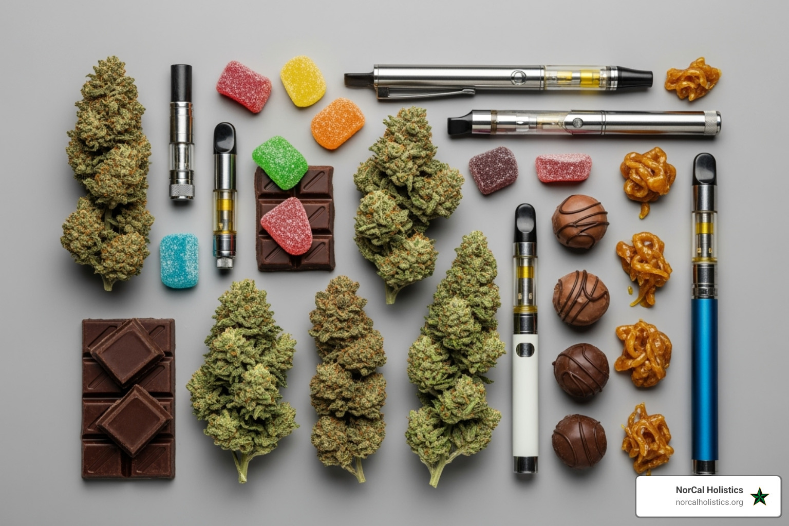 Cannabis product variety showing different types of products like flower, edibles, vapes, and concentrates - North Sacramento cannabis delivery