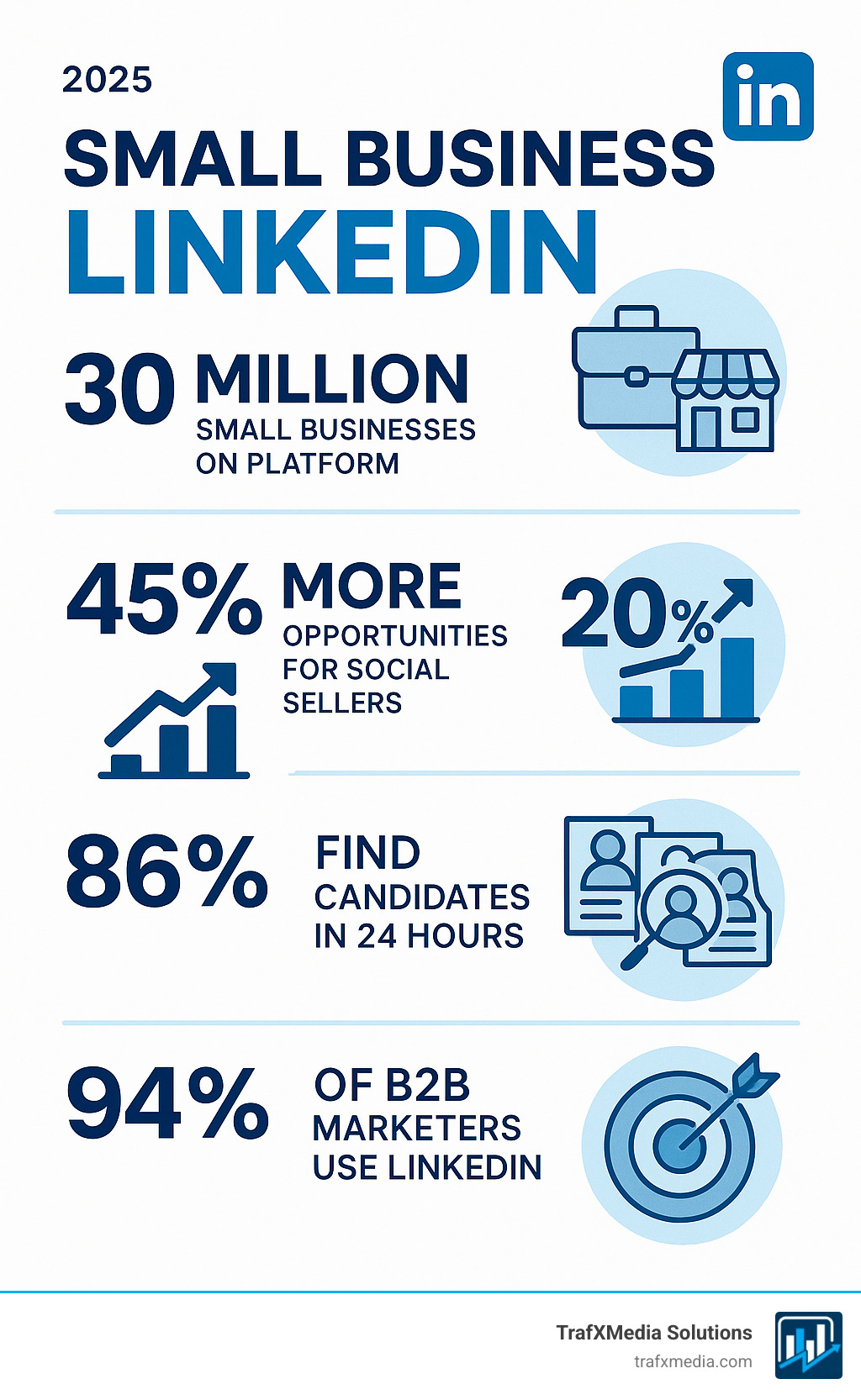 Infographic showing key LinkedIn statistics for small businesses: 30 million small businesses on platform, 45% more opportunities for social sellers, 20% organic reach vs 6% on Facebook, 86% find candidates in 24 hours, 94% of B2B marketers use LinkedIn, with icons representing networking, growth, and business success - Small business LinkedIn infographic 