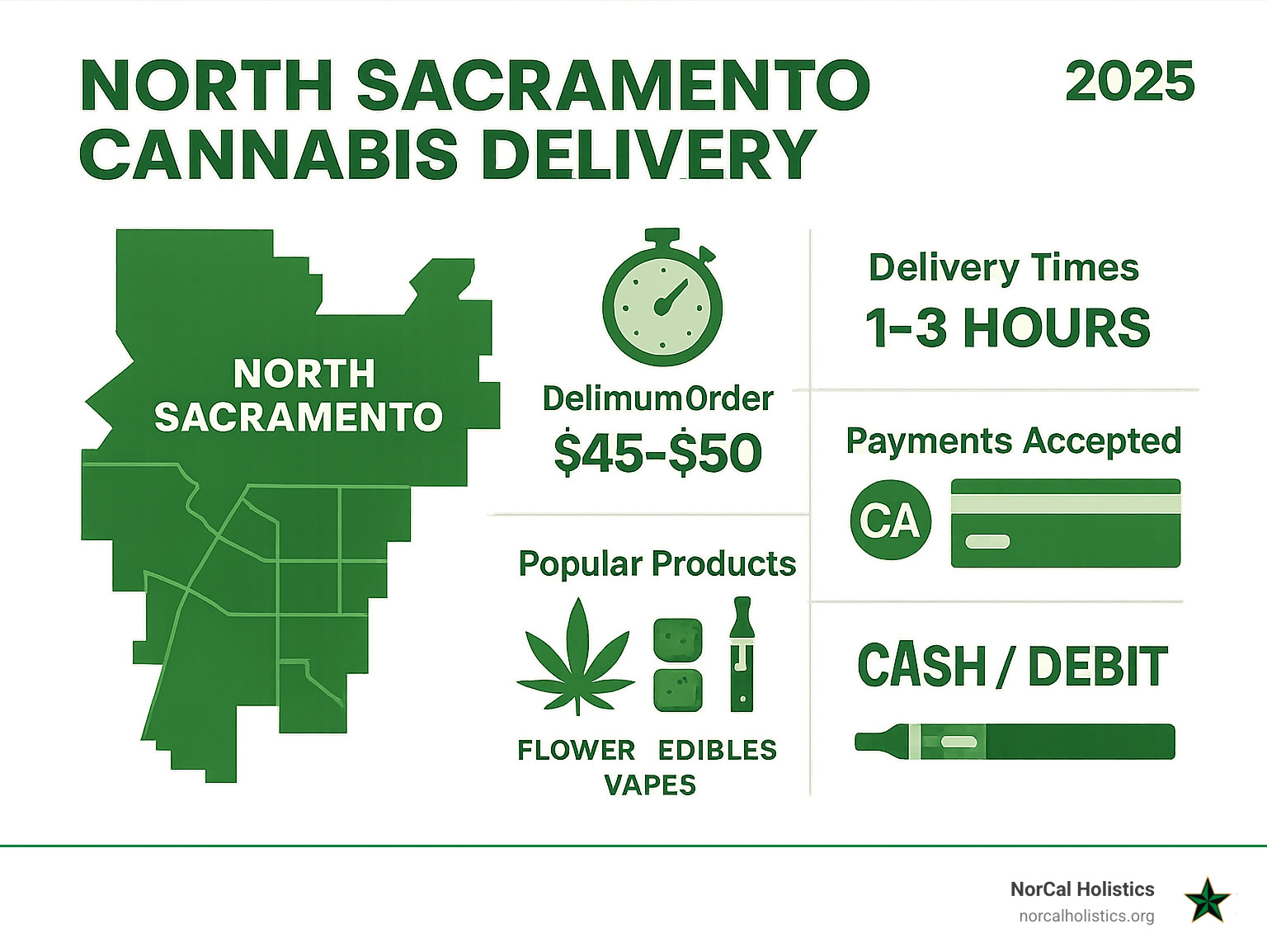 Infographic showing North Sacramento cannabis delivery zones, average delivery times of 1-3 hours, minimum order requirements of $45-$50, accepted payment methods including cash and debit cards, and popular product categories including flower, edibles, and vapes - North Sacramento cannabis delivery infographic 