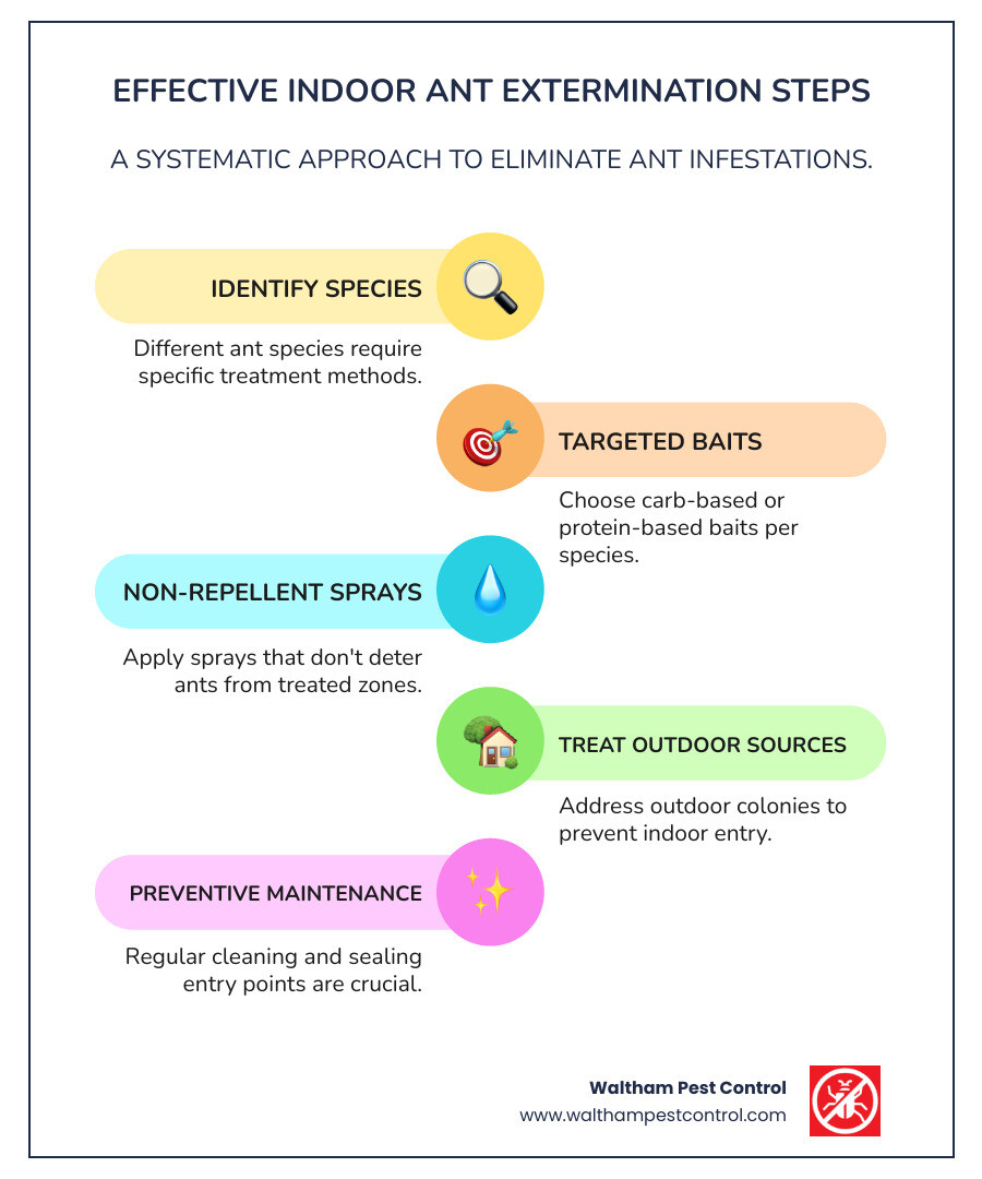 Step-by-step indoor ant extermination process showing identification, baiting, spraying, outdoor treatment, and prevention methods with icons and brief descriptions for each step - indoor ant extermination infographic infographic-line-5-steps-colors