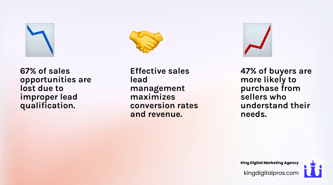 Comprehensive sales lead management process showing lead capture through multiple channels, automated scoring and qualification, targeted nurturing campaigns, and seamless handoff to sales teams with feedback loops - sales lead management infographic 3_facts_emoji_light-gradient