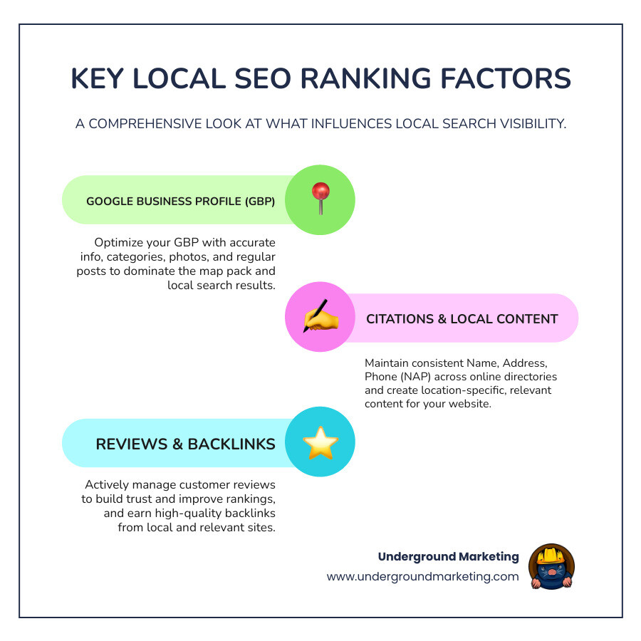 Comprehensive breakdown of local SEO ranking factors including Google Business Profile optimization, local citations, review signals, on-page SEO elements, local content creation, and link building strategies with percentage impact on local search rankings - local seo agency infographic infographic-line-3-steps-colors