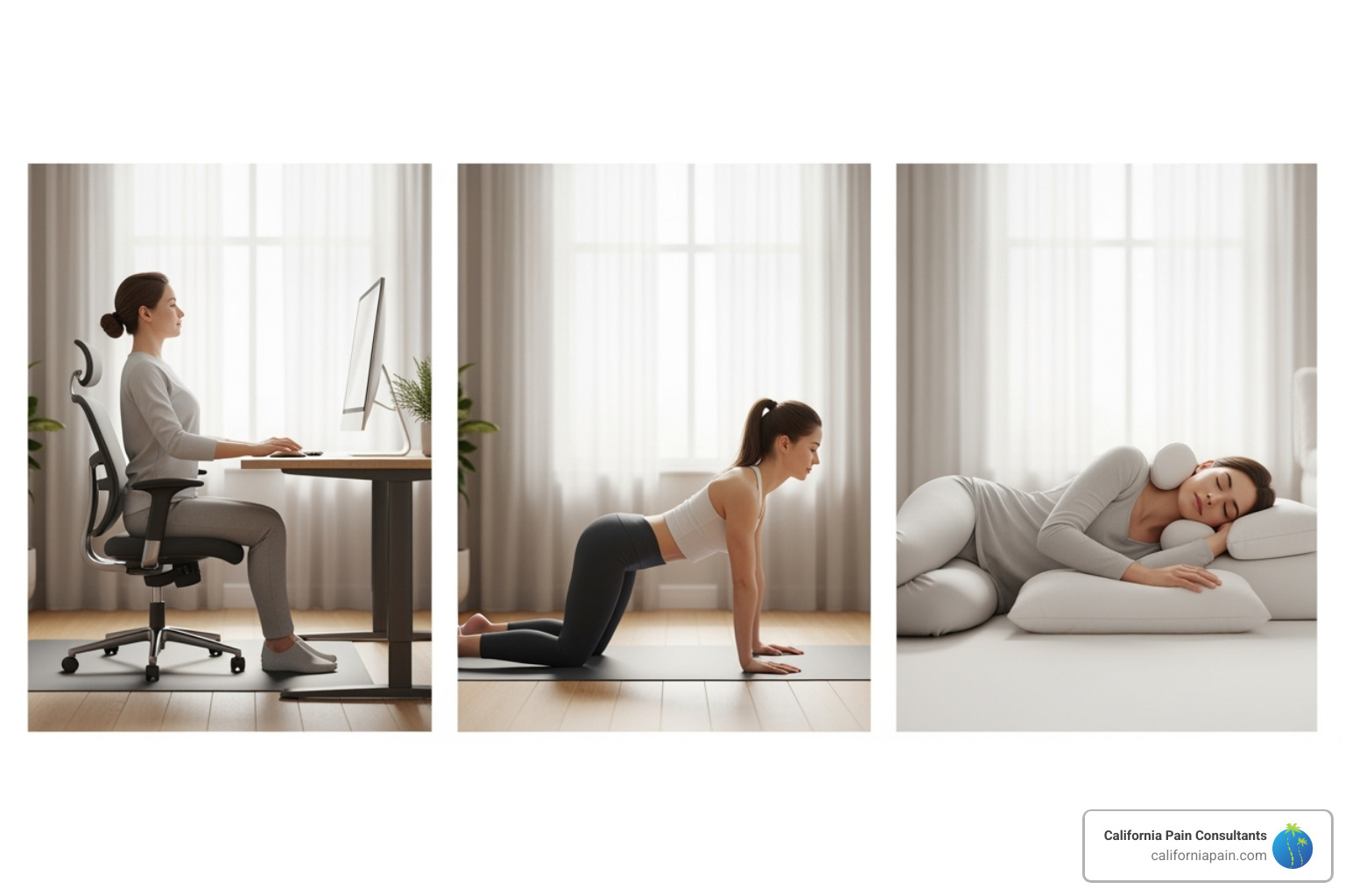 of proper posture; ergonomic workspace; weight management; smoking cessation; sleep positioning - herniated disc pain management