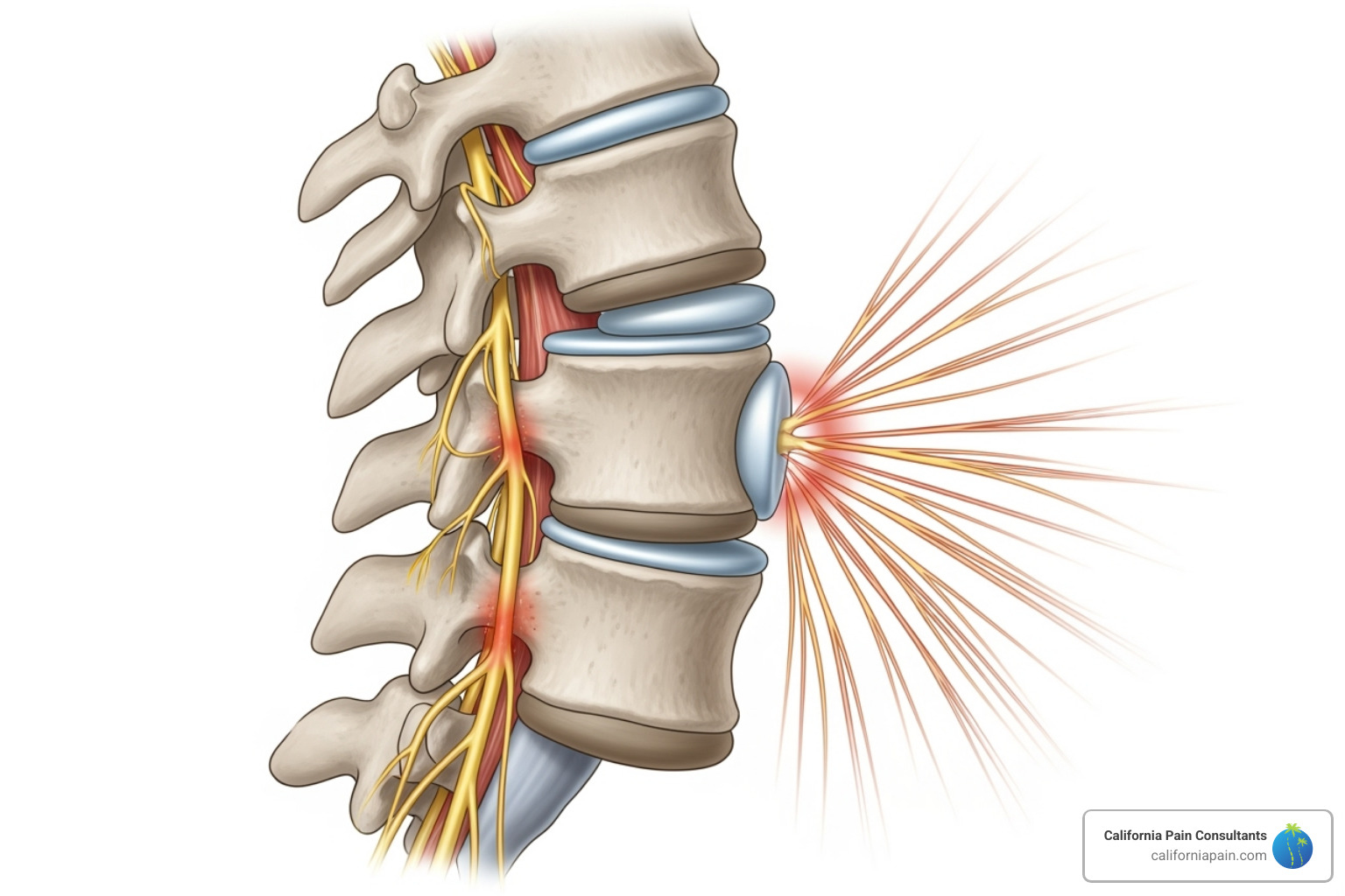 of spine anatomy; disc structure; nerve compression; pain patterns; inflammation; diagnosis methods - herniated disc pain management