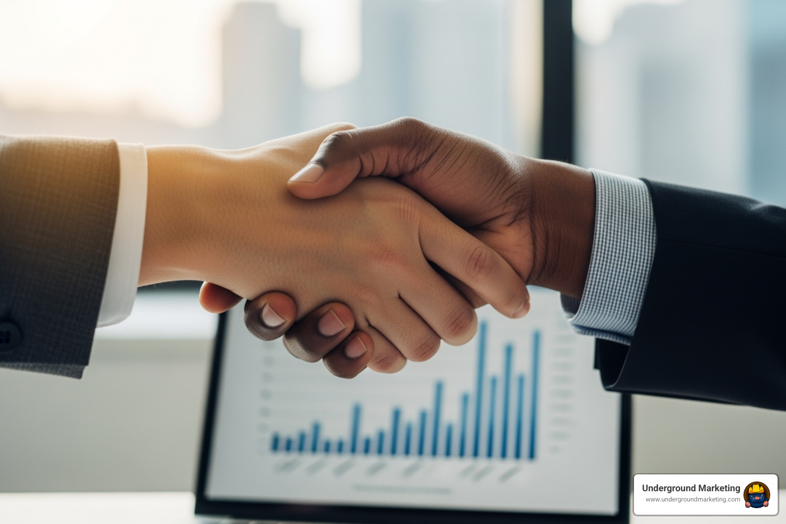Two hands shaking over a laptop, symbolizing a strong agency partnership and white-label fulfillment. - local seo agency