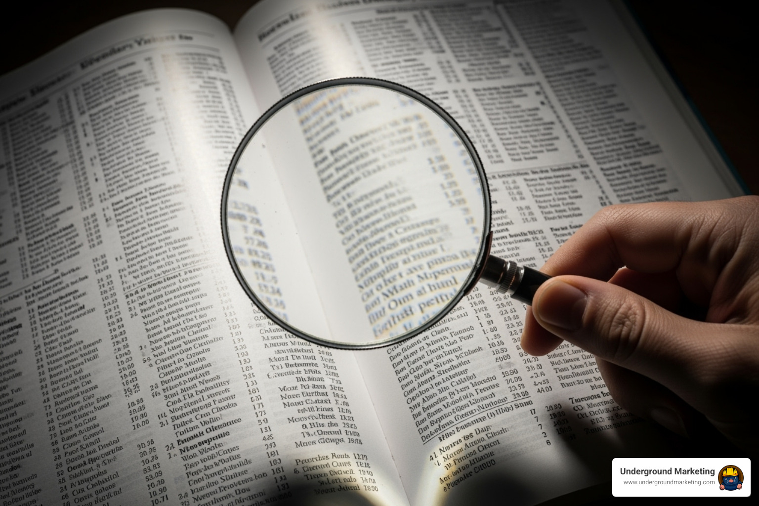 A magnifying glass over a business directory, symbolizing due diligence in selecting a local SEO agency. - local seo agency