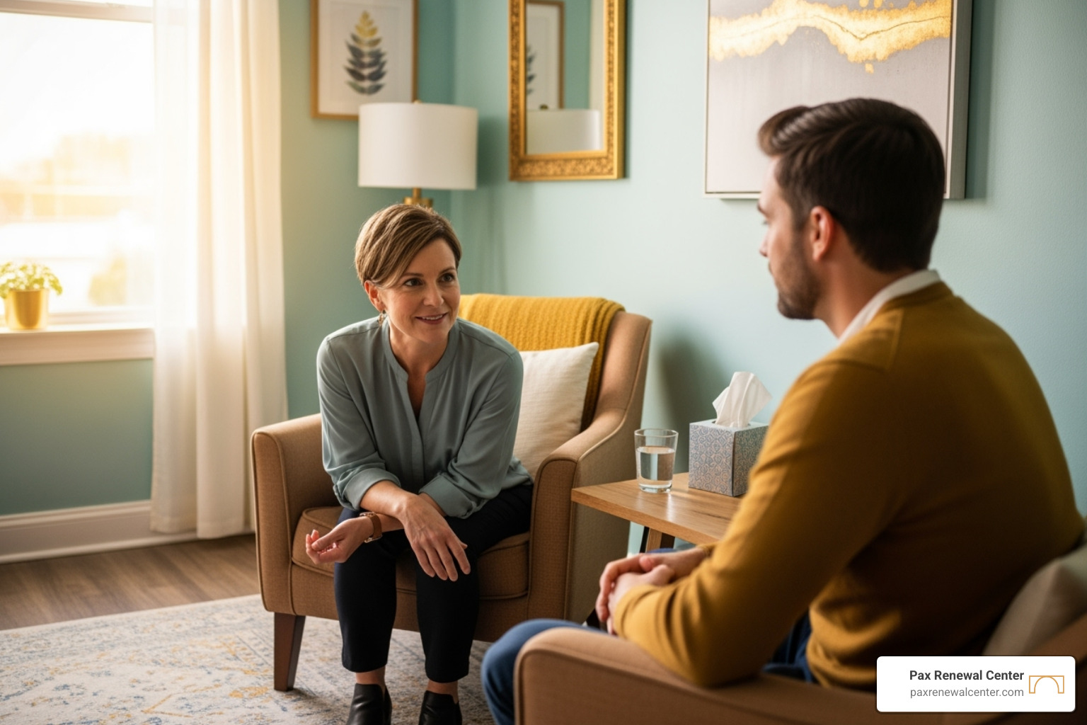A compassionate therapist listens attentively to a client during a therapy session, set in a warm and inviting room with natural light. - trauma treatment A compassionate therapist listens attentively to a client during a therapy session, set in a warm and inviting room with natural light. - trauma treatment