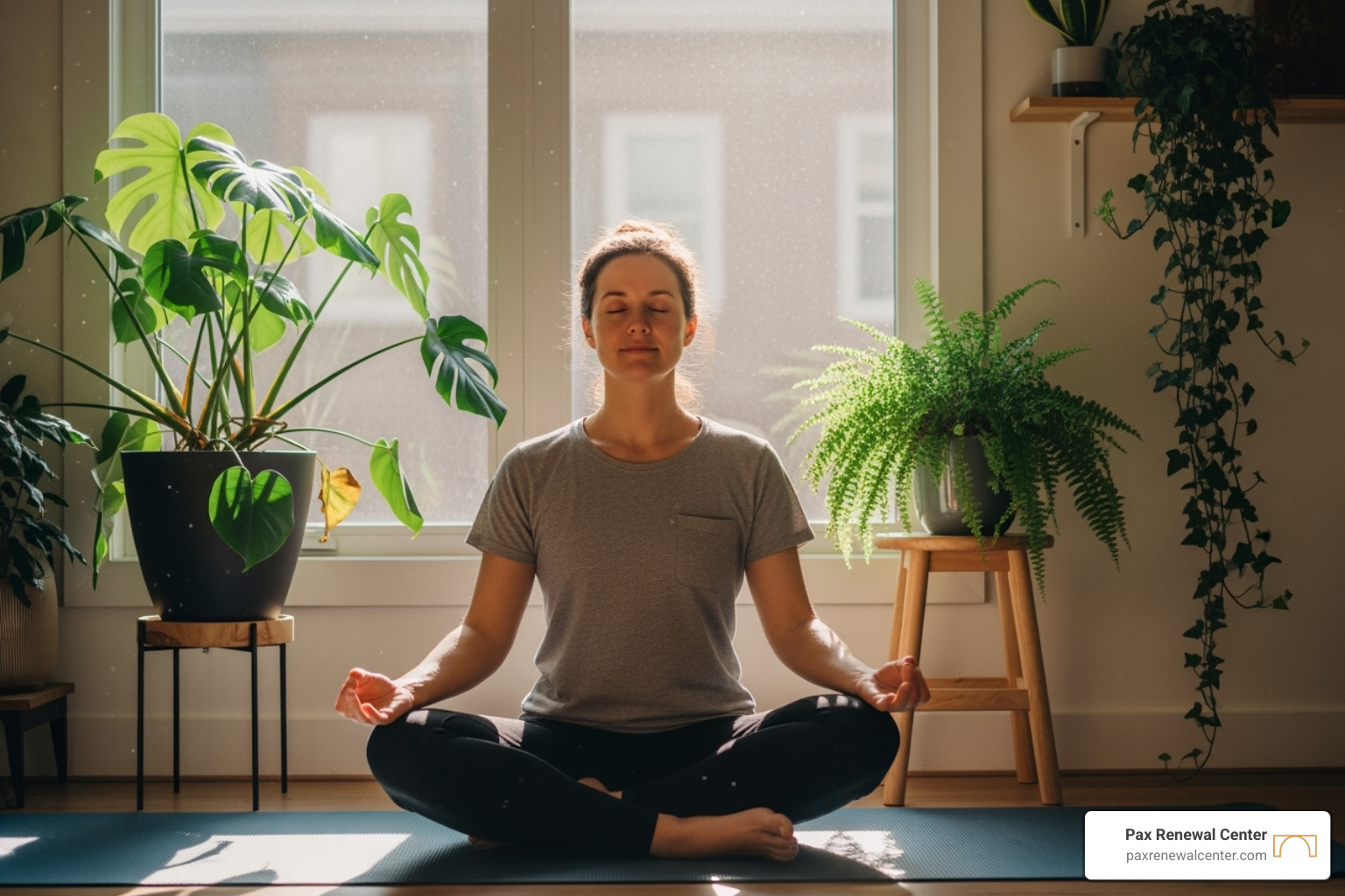 A person sits peacefully on a yoga mat, eyes closed, in a sunny room with plants, practicing mindfulness. - trauma treatment A person sits peacefully on a yoga mat, eyes closed, in a sunny room with plants, practicing mindfulness. - trauma treatment