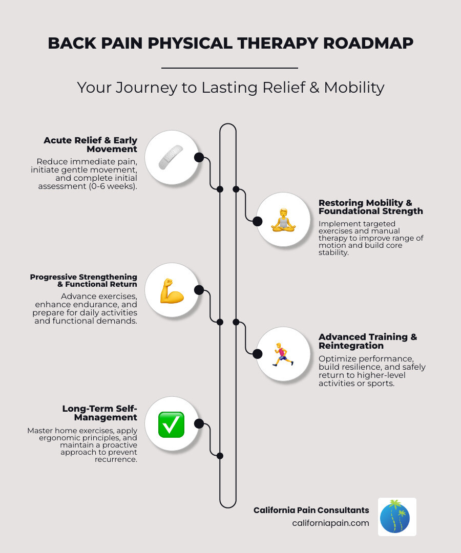 Comprehensive infographic showing the back pain physical therapy treatment timeline from acute phase (0-6 weeks) through chronic phase (12+ weeks), including key interventions like early movement, manual therapy, exercise progression, and long-term self-management strategies - back pain physical therapy infographic infographic-line-5-steps-neat_beige Comprehensive infographic showing the back pain physical therapy treatment timeline from acute phase (0-6 weeks) through chronic phase (12+ weeks), including key interventions like early movement, manual therapy, exercise progression, and long-term self-management strategies - back pain physical therapy infographic infographic-line-5-steps-neat_beige