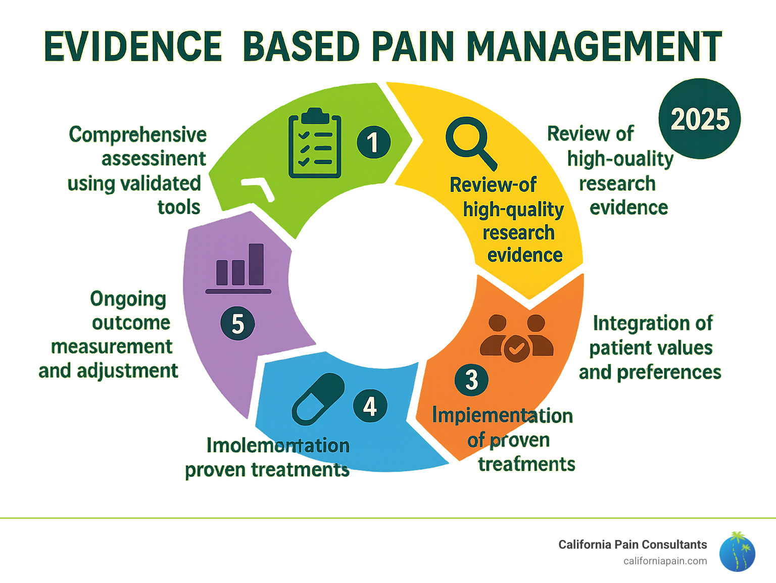 Infographic showing the 5 core steps of evidence-based pain management: 1) Comprehensive assessment using validated tools, 2) Review of high-quality research evidence, 3) Integration of patient values and preferences, 4) Implementation of proven treatments, 5) Ongoing outcome measurement and adjustment - evidence based pain management infographic 