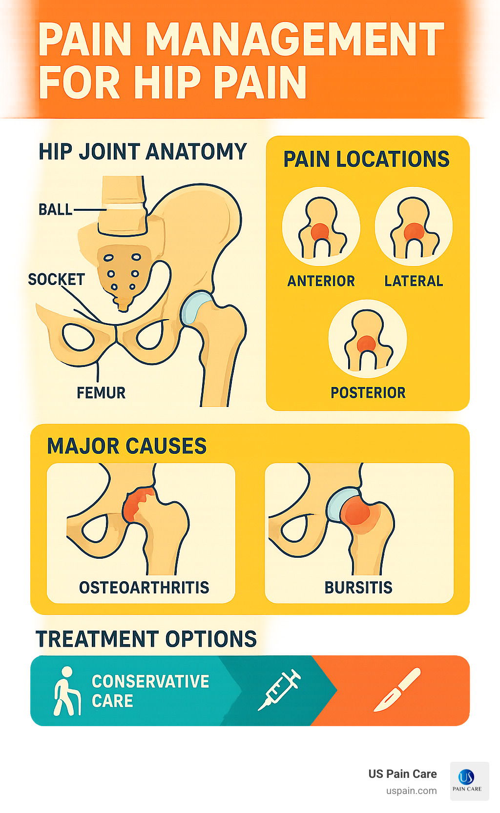 Comprehensive infographic showing hip joint anatomy with ball-and-socket structure, common pain locations (anterior, posterior, lateral), major causes like osteoarthritis and bursitis, and treatment pathway from conservative care through minimally invasive procedures to surgical options - pain management for hip pain infographic 