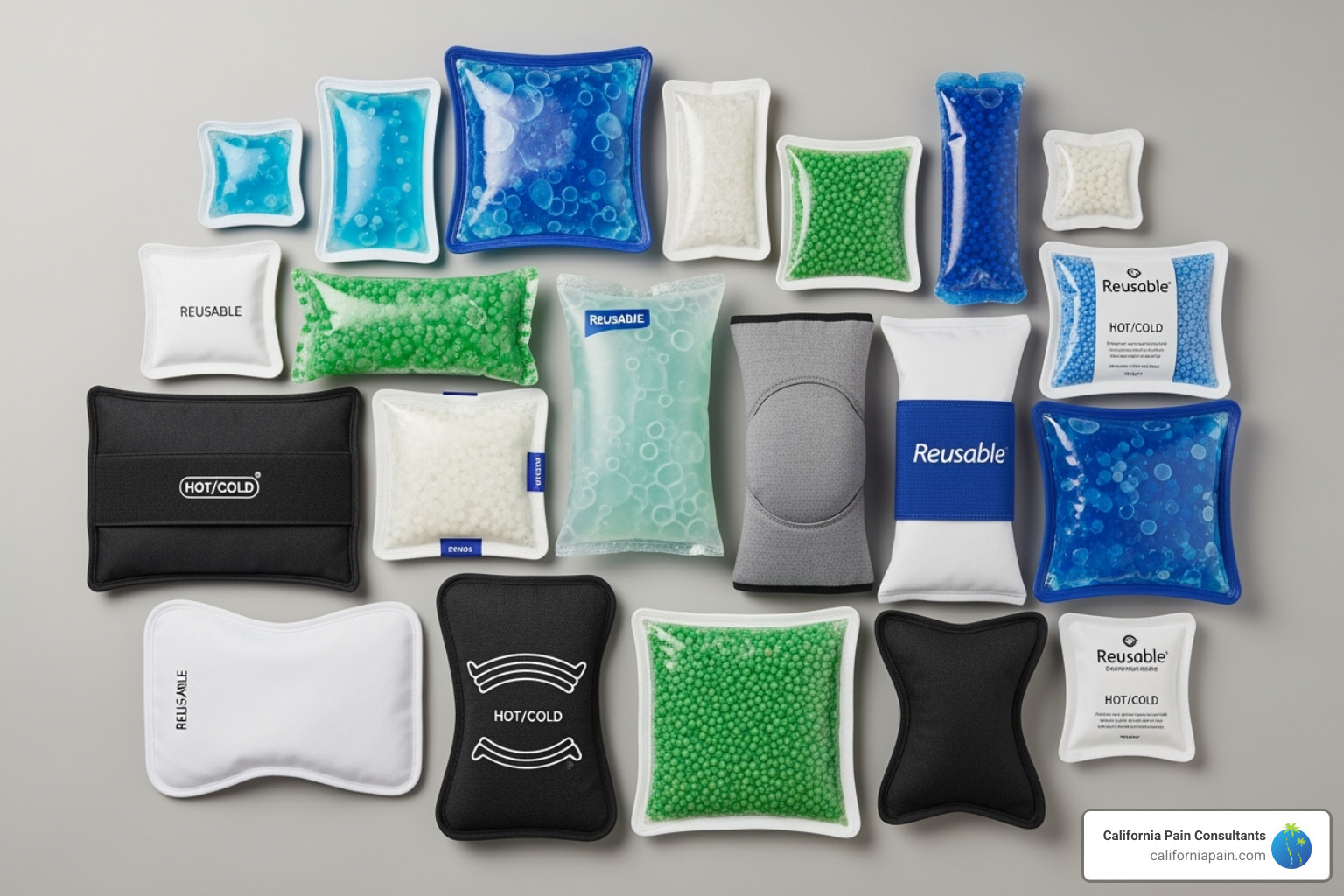 Image of various reusable ice and heat packs - car accident pain treatment