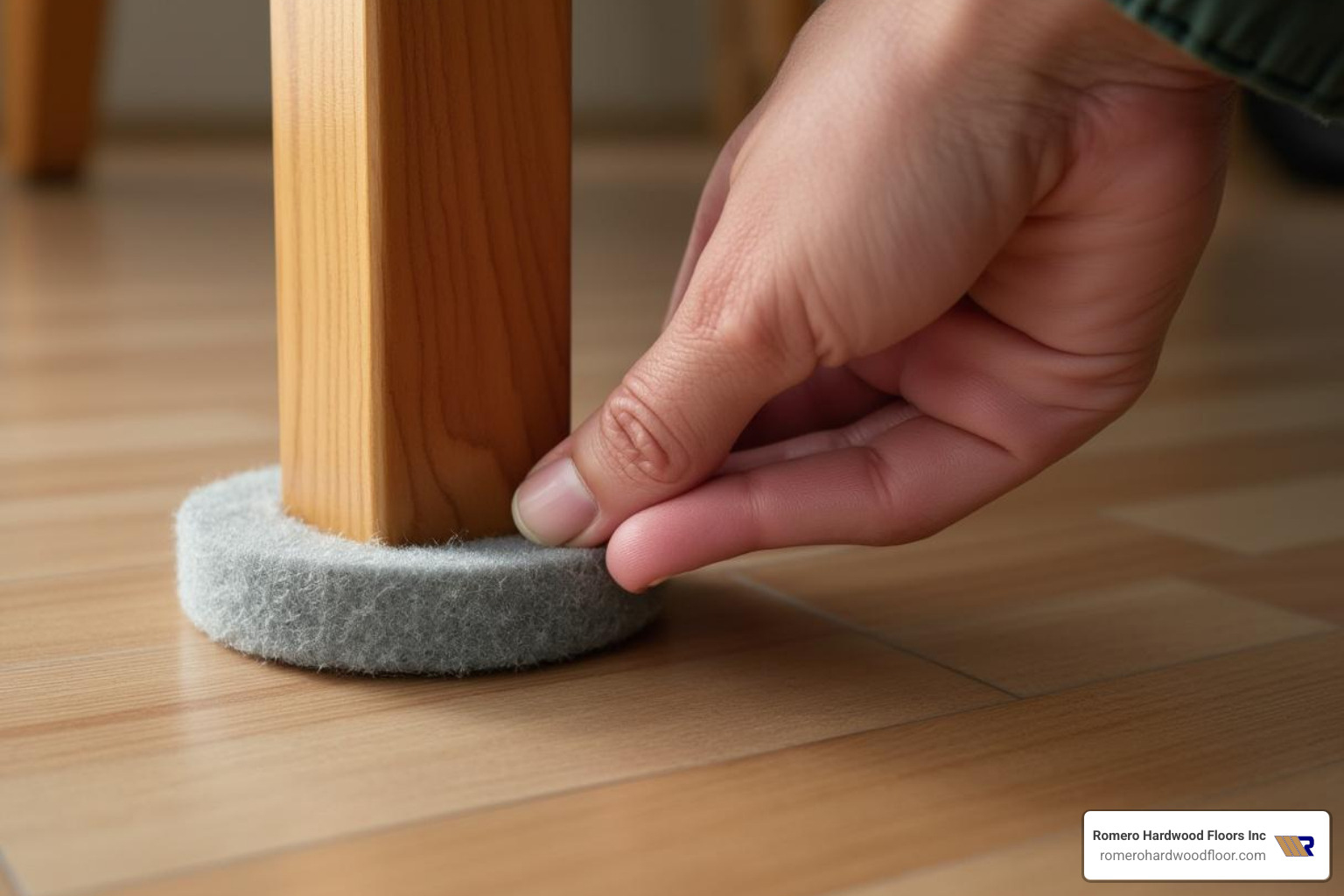 An image showing a hand applying a felt furniture pad to the leg of a chair to protect a floor from scratches - laminate floor installers An image showing a hand applying a felt furniture pad to the leg of a chair to protect a floor from scratches - laminate floor installers