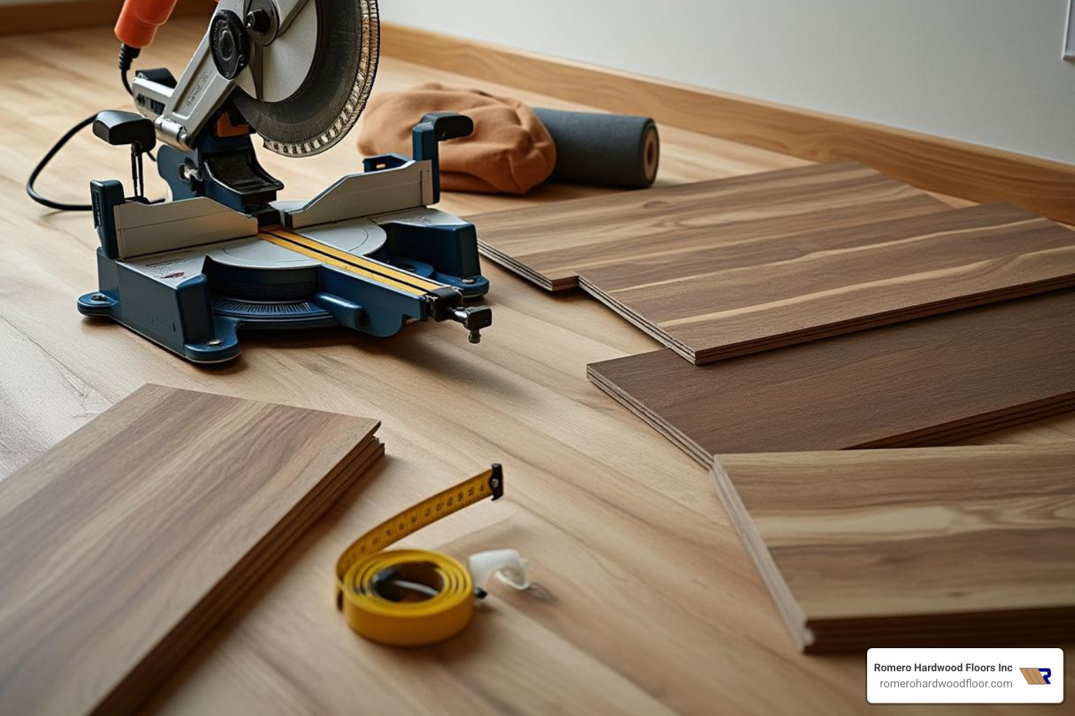 A collection of tools and materials needed for laminate flooring installation, including a miter saw, jigsaw, tape measure, spacers, underlayment roll, and laminate planks - laminate floor installers A collection of tools and materials needed for laminate flooring installation, including a miter saw, jigsaw, tape measure, spacers, underlayment roll, and laminate planks - laminate floor installers