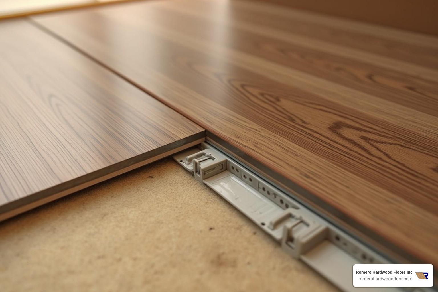 A close-up image showing the first row of laminate flooring being laid, with small plastic spacers placed against the wall to ensure the correct expansion gap - laminate floor installers A close-up image showing the first row of laminate flooring being laid, with small plastic spacers placed against the wall to ensure the correct expansion gap - laminate floor installers