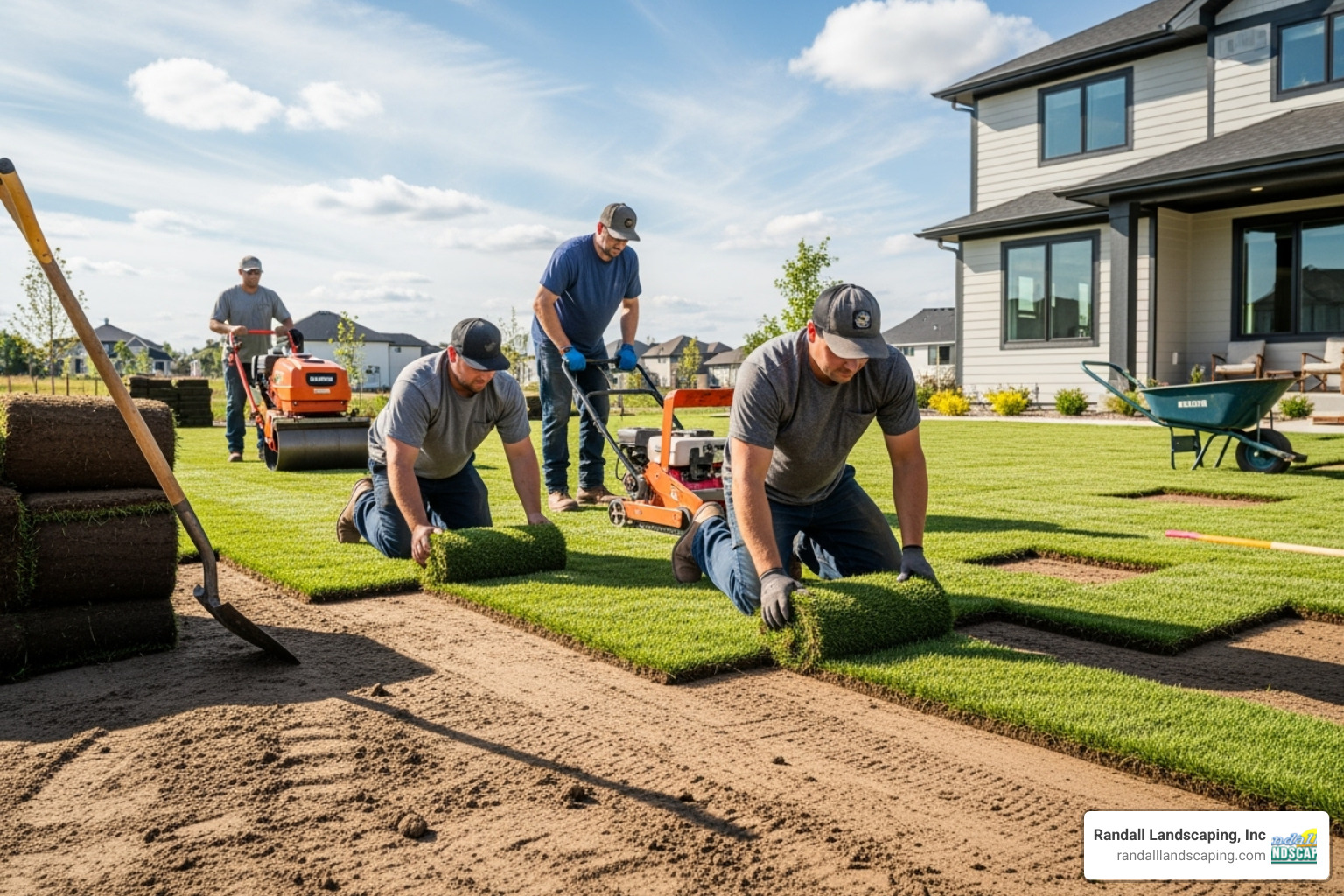 A landscaping crew professionally installing a new sod lawn - real grass installation near me