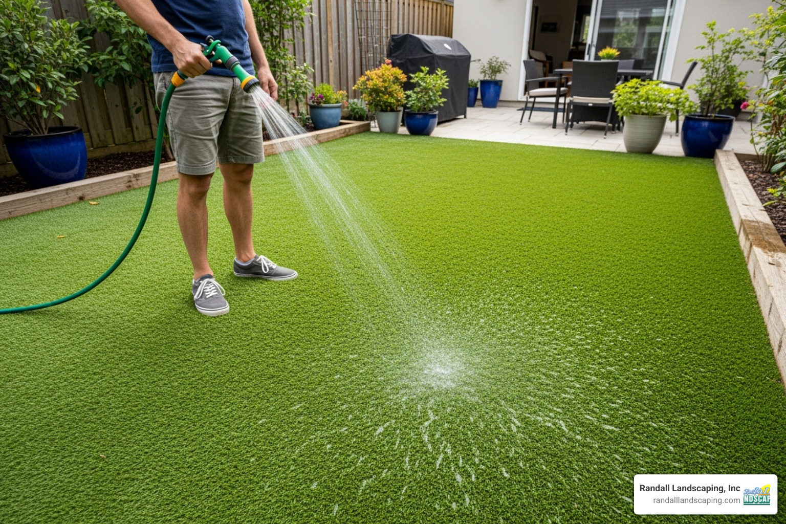 A homeowner easily rinsing their artificial turf with a hose - real grass installation near me