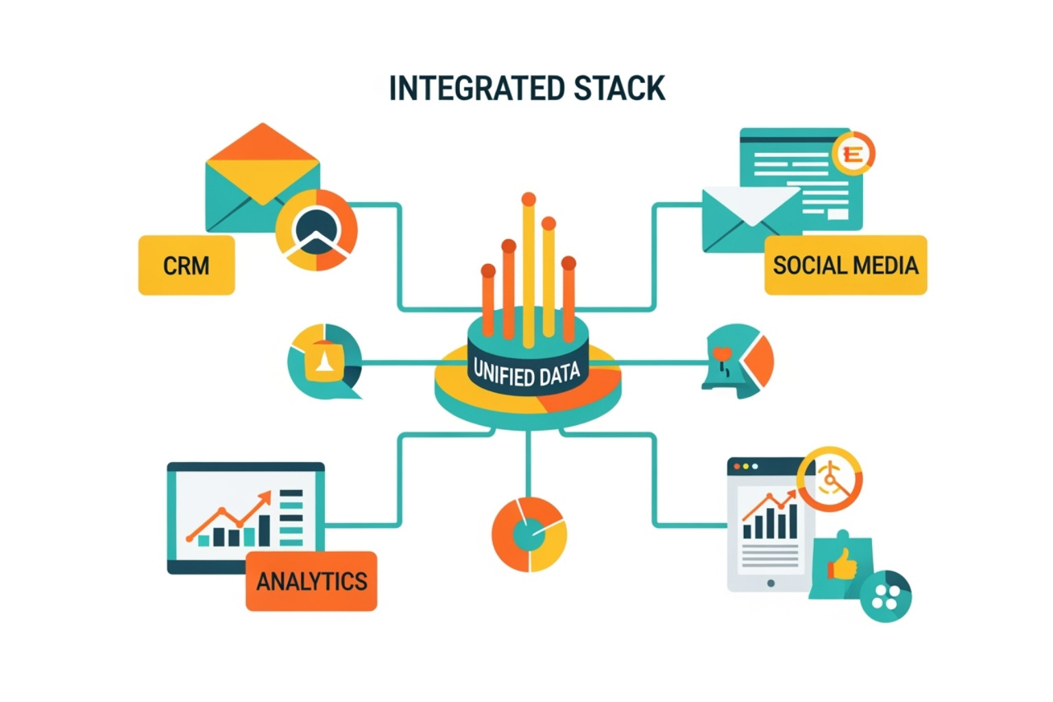 Diagram illustrating an integrated tech stack, showing various marketing tools (CRM, Email, Social, Analytics) connected by data flows, with a central hub representing a unified data source, using teal and orange accents - How to automate marketing