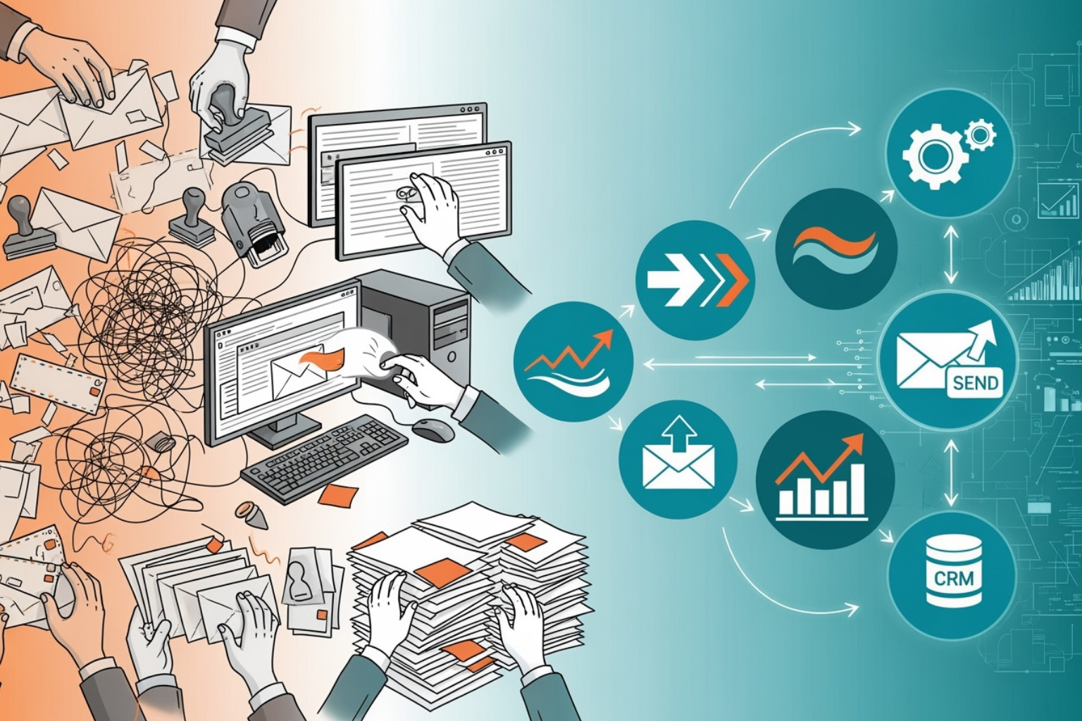 Diagram showing how manual marketing processes (e.g., sending individual emails) transition to automated ones (e.g., email workflows) with arrows indicating increased efficiency and reduced effort, using teal and orange accents - How to automate marketing