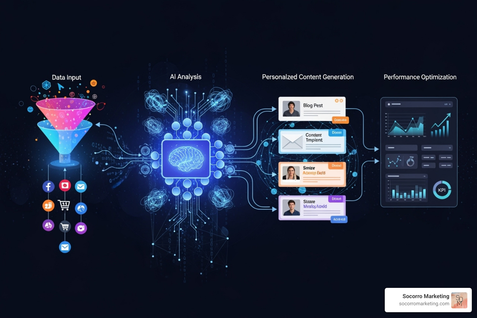 Image showing an AI workflow for marketing, including data input, analysis, personalized content generation, and performance optimization - healthcare marketers Image showing an AI workflow for marketing, including data input, analysis, personalized content generation, and performance optimization - healthcare marketers