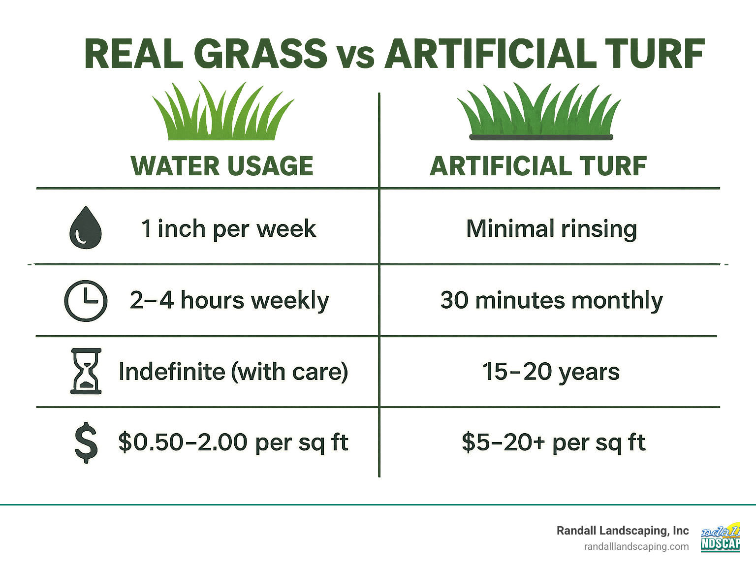 Comprehensive comparison infographic showing real grass vs artificial turf statistics including water usage (natural grass: 1 inch per week vs artificial: minimal rinsing), maintenance time (natural: 2-4 hours weekly vs artificial: 30 minutes monthly), average lifespan (natural: indefinite with care vs artificial: 15-20 years), and upfront costs (natural sod: $0.50-2.00 per sq ft vs artificial: $5-20+ per sq ft) - real grass installation near me infographic 