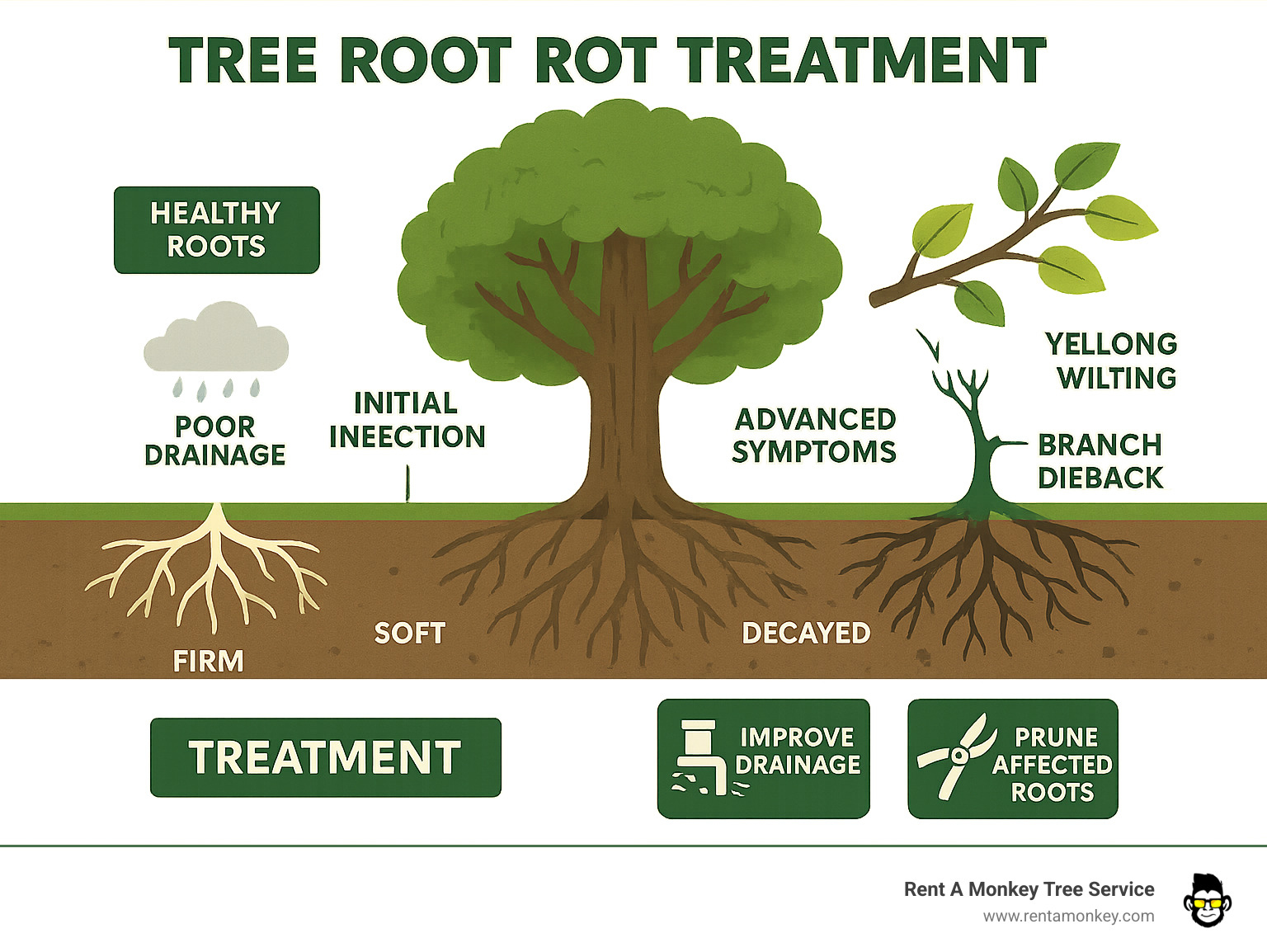 Comprehensive infographic showing the progression of root rot from healthy roots through initial infection stages to advanced symptoms, including visual indicators of soil moisture problems, fungal pathogen development, above-ground warning signs like leaf yellowing and branch dieback, and treatment intervention points with drainage improvement and root pruning techniques - tree root rot treatment infographic 