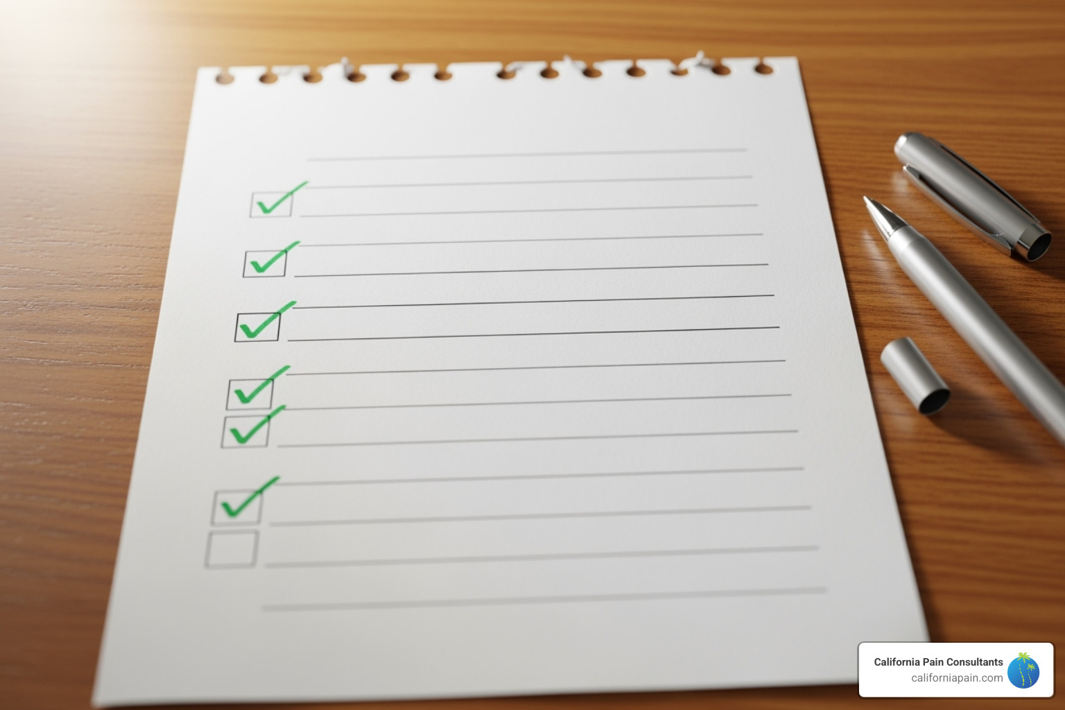 A checklist with tick marks for program length, staff credentials, integrated mental health, self-management education, opioid stewardship, and accreditation - chronic pain rehabilitation center