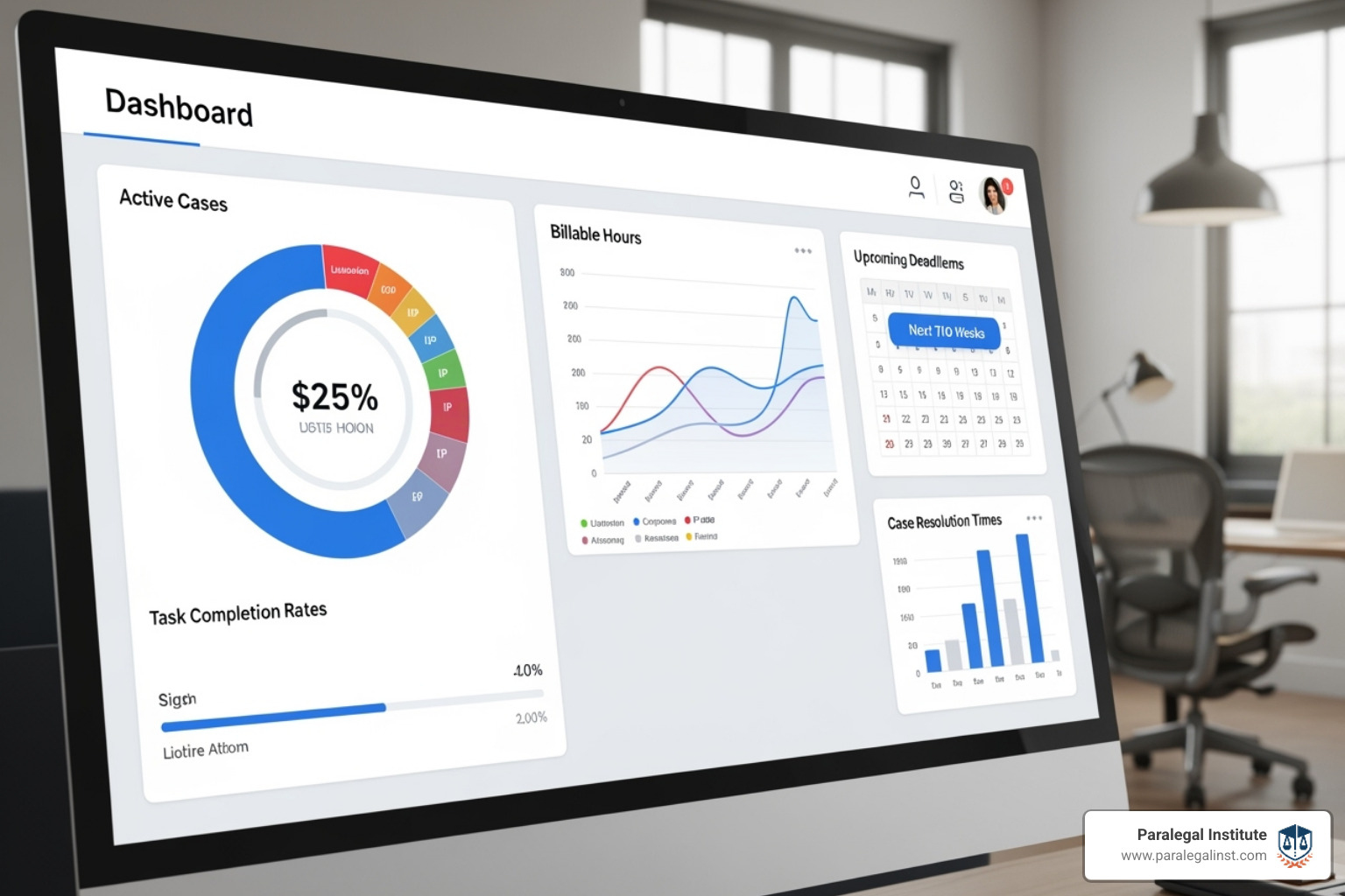 A dashboard displaying various legal metrics, including active cases, upcoming deadlines, billable hours, and task completion rates - legal technology for paralegals