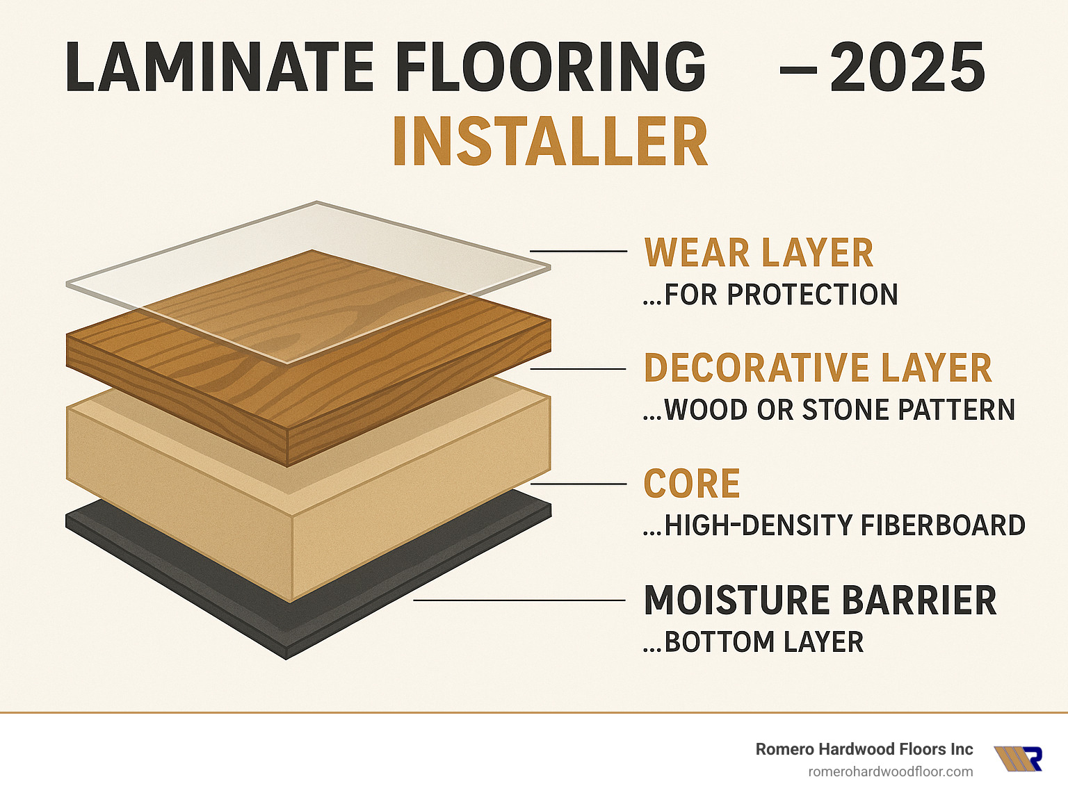Infographic showing the four layers of laminate flooring: top wear layer for protection, decorative layer with wood or stone pattern, high-density fiberboard core for stability, and bottom moisture barrier layer - laminate floor installers infographic Infographic showing the four layers of laminate flooring: top wear layer for protection, decorative layer with wood or stone pattern, high-density fiberboard core for stability, and bottom moisture barrier layer - laminate floor installers infographic
