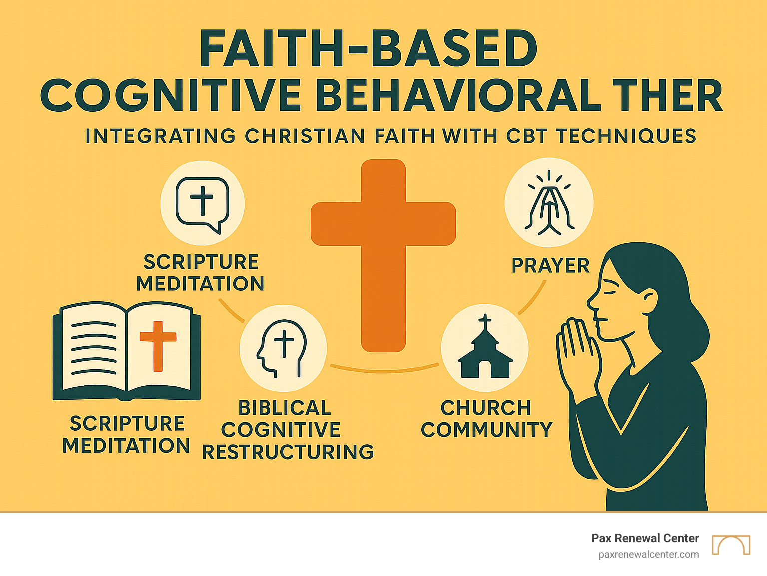 Infographic showing the integration of CBT techniques with Christian faith elements including scripture meditation, prayer-based coping strategies, church community support, and biblical cognitive restructuring methods highlighted in brand colors - faith based cognitive behavioral therapy infographic Infographic showing the integration of CBT techniques with Christian faith elements including scripture meditation, prayer-based coping strategies, church community support, and biblical cognitive restructuring methods highlighted in brand colors - faith based cognitive behavioral therapy infographic