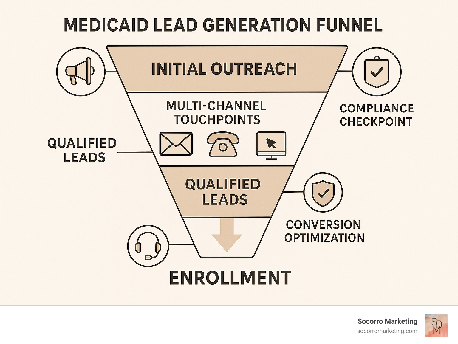 Detailed infographic showing the Medicaid lead generation funnel from initial outreach through qualified leads to enrollment, including compliance checkpoints, multi-channel touchpoints, and conversion optimization steps - medicaid lead generation services infographic 