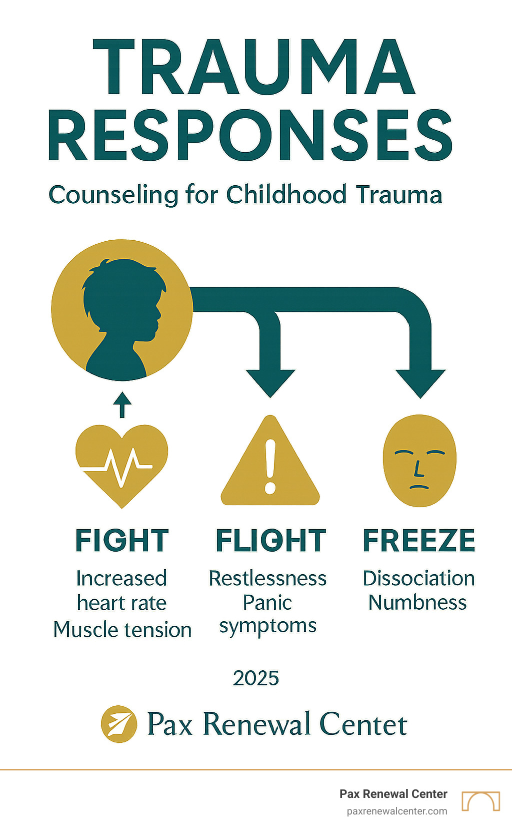 Infographic showing the three trauma responses: fight response with increased heart rate and muscle tension, flight response with restlessness and panic symptoms, and freeze response with dissociation and numbness, all stemming from childhood trauma experiences in brand colors teal and gold - counseling for childhood trauma infographic 