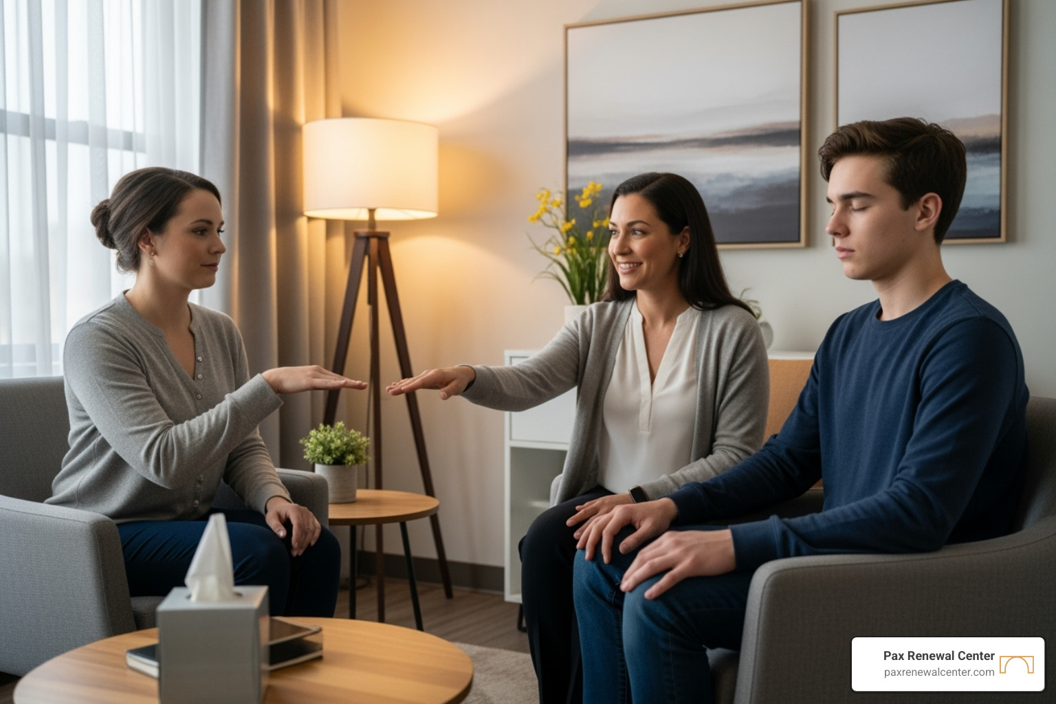 therapist and teen practicing breathing - counseling for childhood trauma