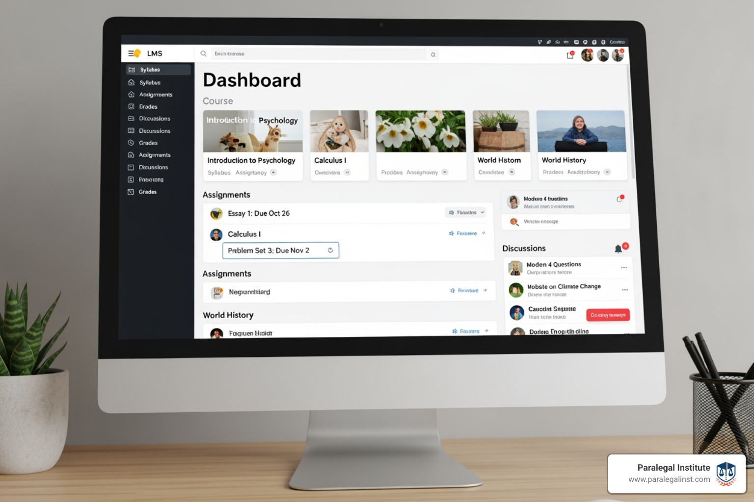 LMS dashboard showing course modules, assignments, and discussion forums - online legal studies certificate