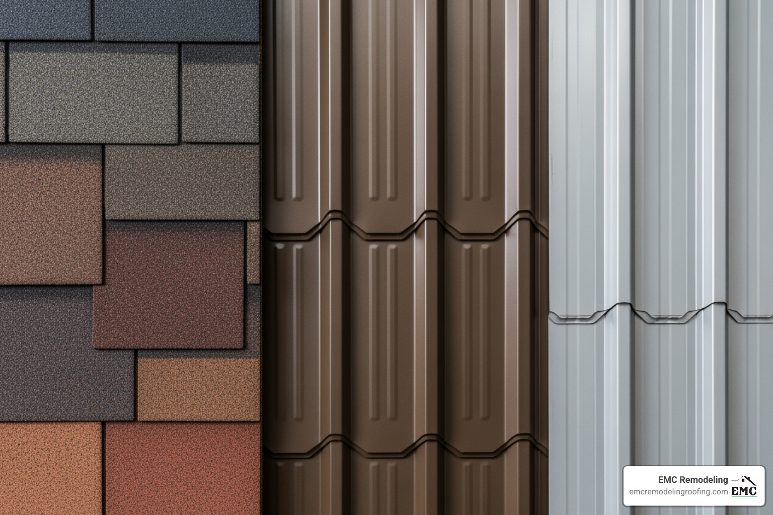 samples of different roofing materials like asphalt shingles and metal - roofers temple texas